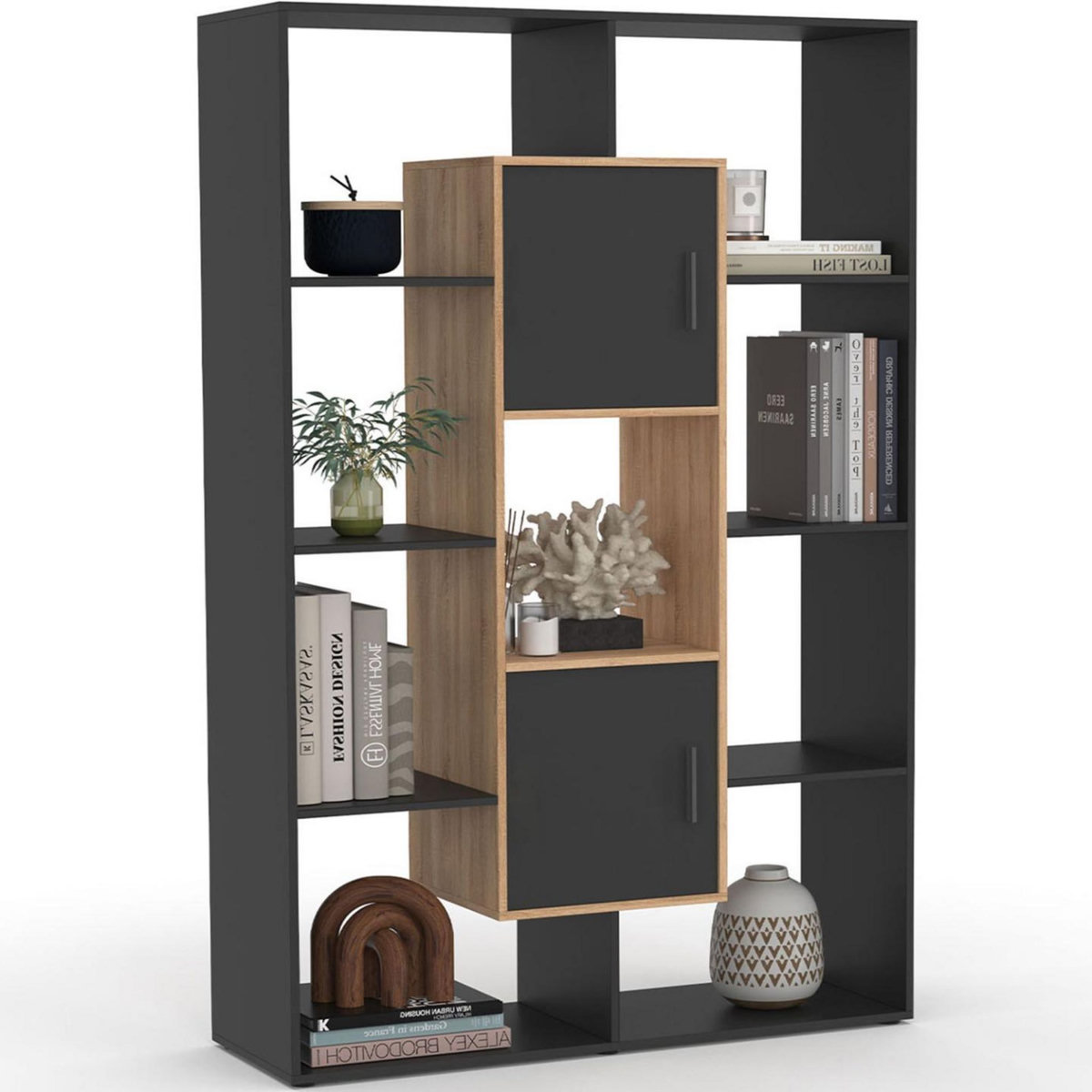 ID MARKET Etagère bibliothèque COLETTE avec 11 compartiments et 2 cases noir et effet bois 143 cm