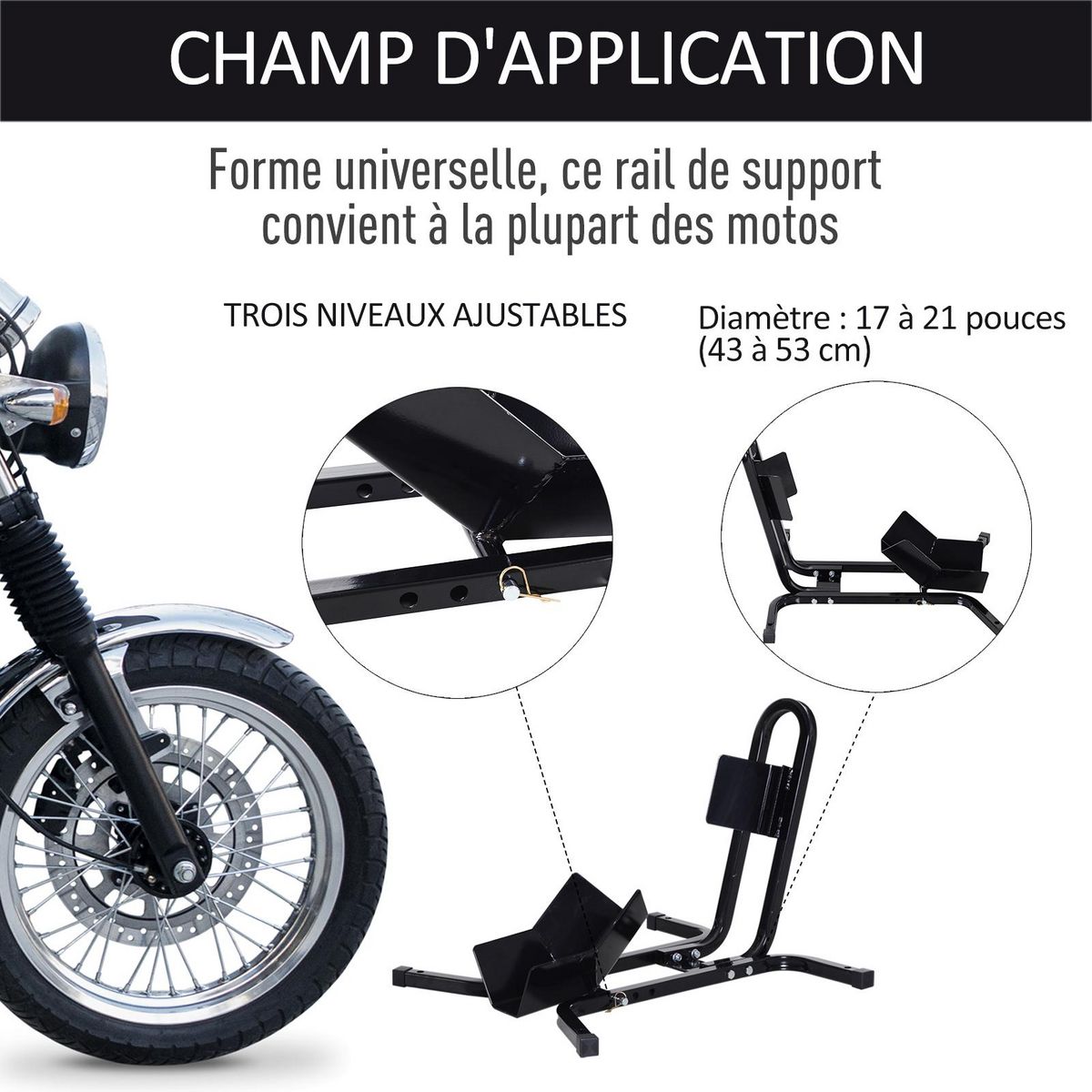 HOMCOM Rail de support universel pour moto - support béquille moto - bloque roue 17 à 21 pouces métal époxy
