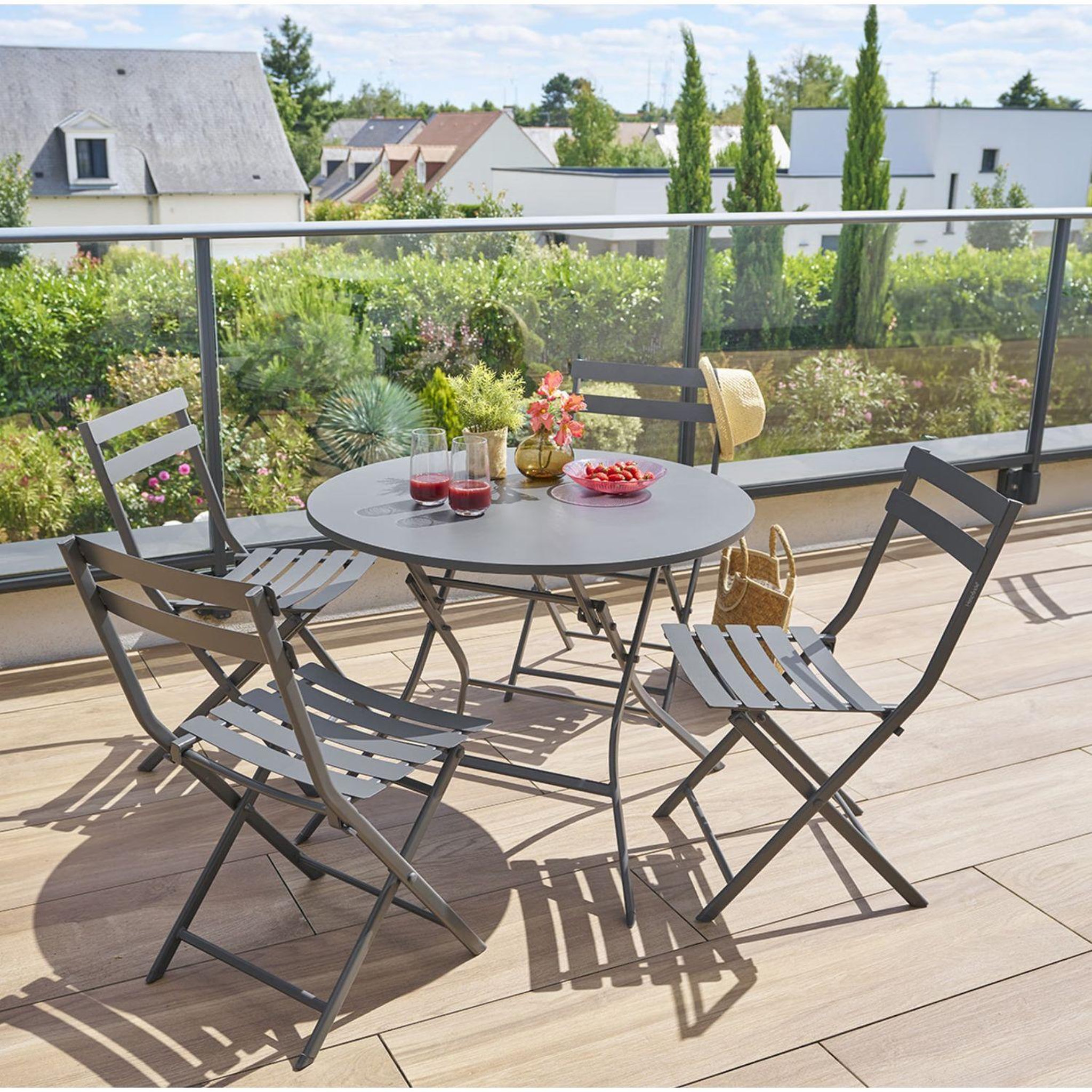 Voir la diapositive 2 : HESPERIDE Table de jardin pliante ronde 4 places GREENSBORO - Gris graphite