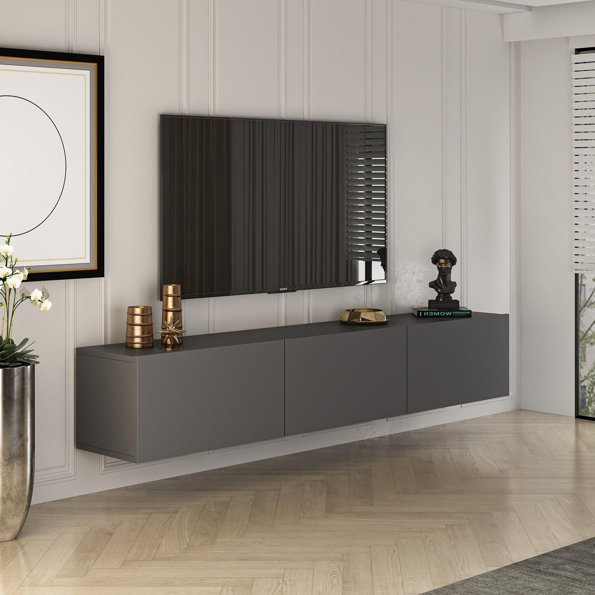 Voir la diapositive 3 : Habitat et Jardin Meuble tv en bois  west  150 x 32 x 30 cm - anthracite