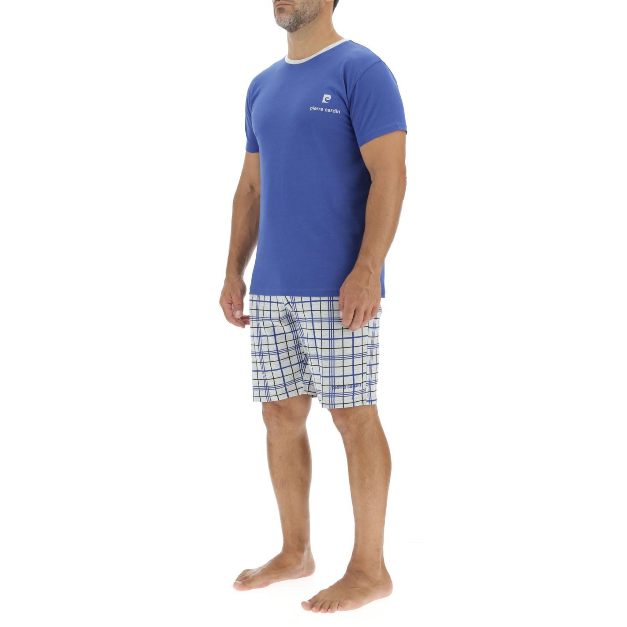 Voir la diapositive 3 : PIERRE CARDIN Ensemble pyjama court homme en coton à carreaux et logo poitrine
