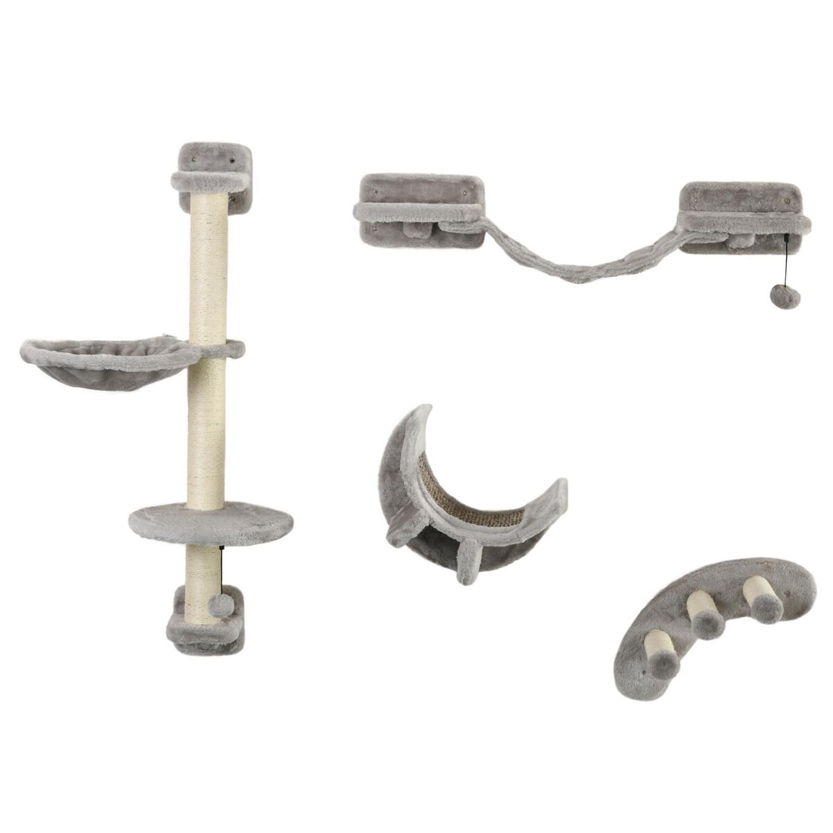 PAWHUT Mur d'escalade pour chat avec hamac passerelle planche à gratter et balles peluche sisal gris