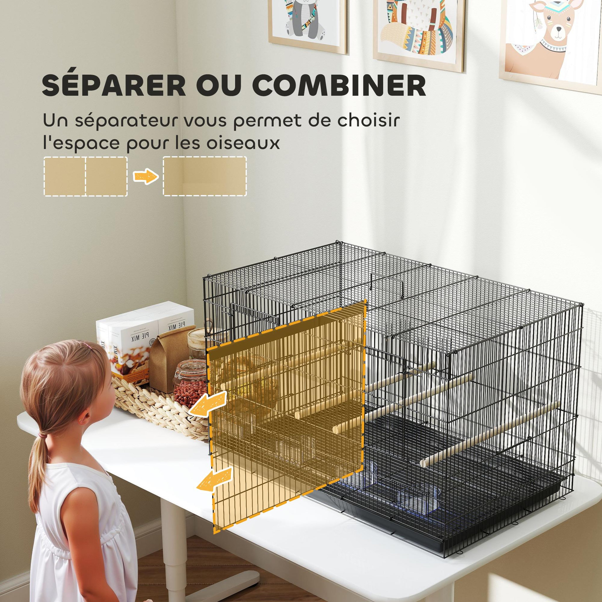 Voir la diapositive 4 : PAWHUT Cage à oiseaux volière acier avec séparateur - 4 perchoirs, mangeoires, portes, trappes, plateau déjection - noir