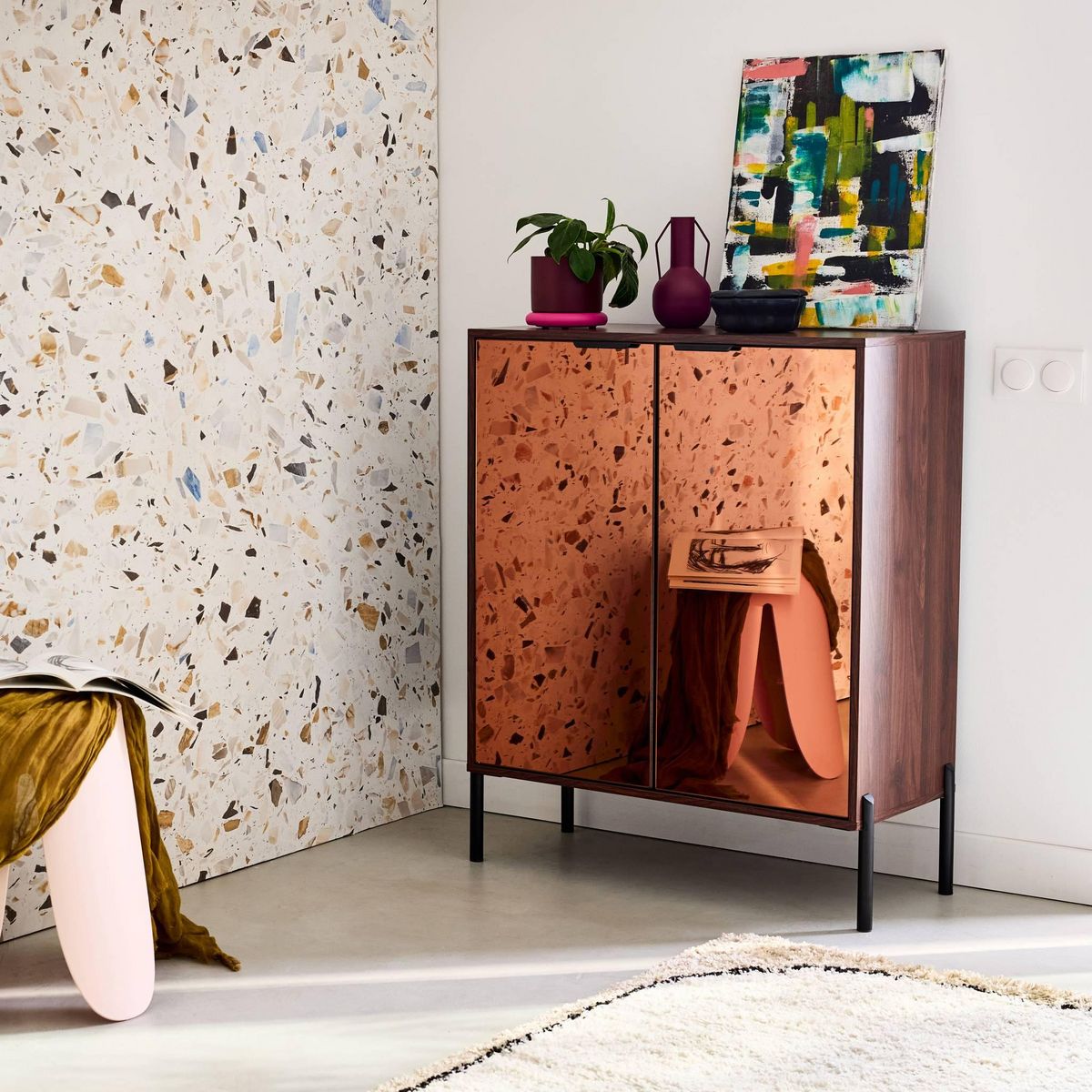 SWEEEK Buffet vintage effet bois de noyer. buffet haut. vaisselier. deux portes vitrées aspect fumé. L 83 x 38 x 100cm