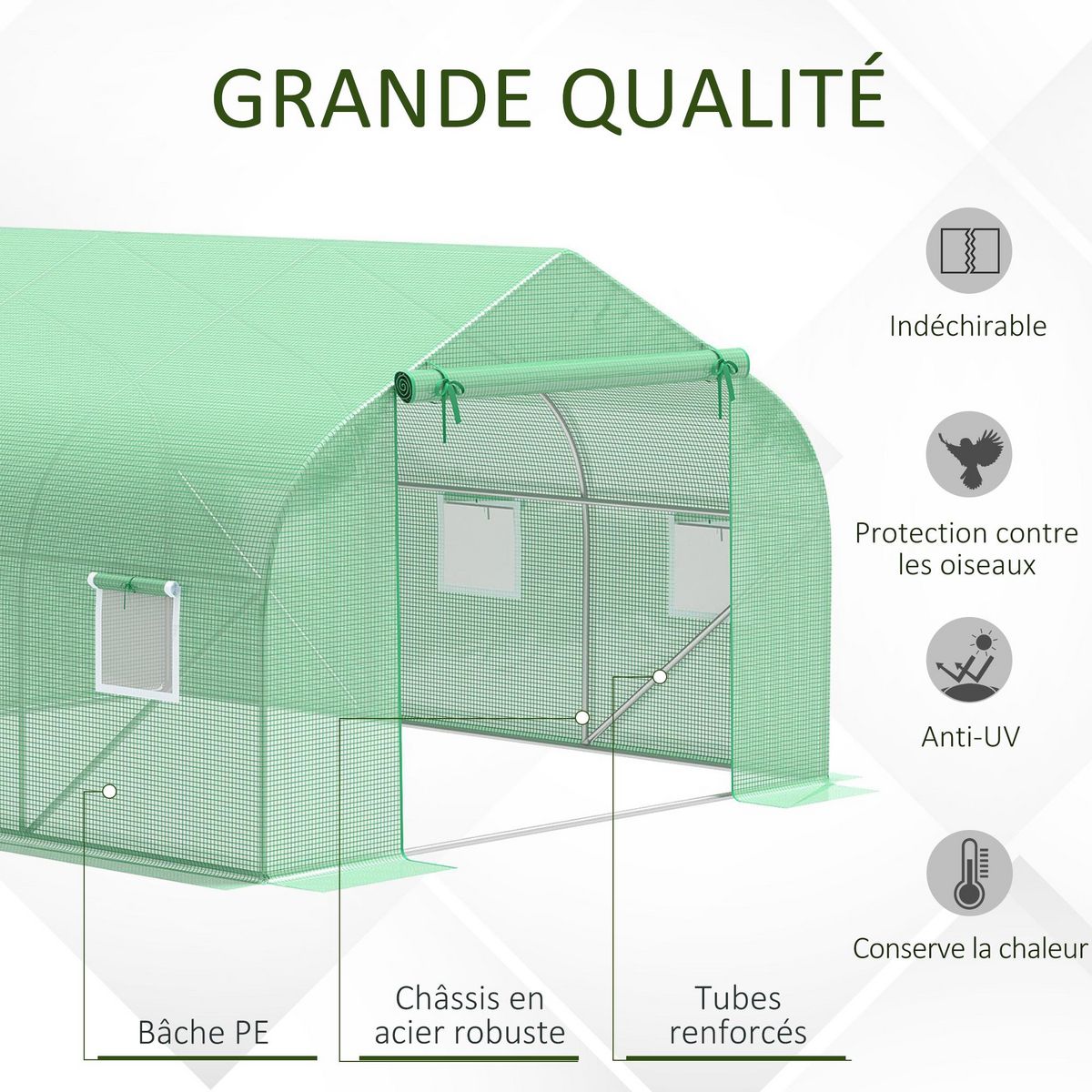 OUTSUNNY Serre tunnel de jardin 3,5 x 3 x 2 m grande taille 6 fenêtres vert