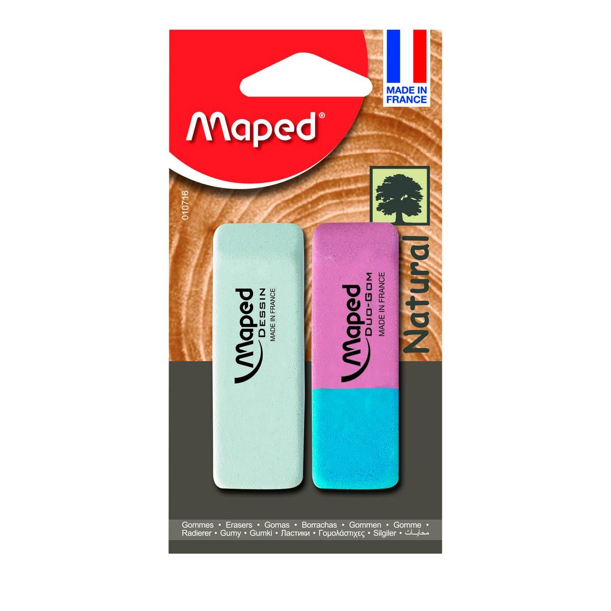 MAPED  Lot de 1 gomme blanche dessin + 1 gomme double face Natural