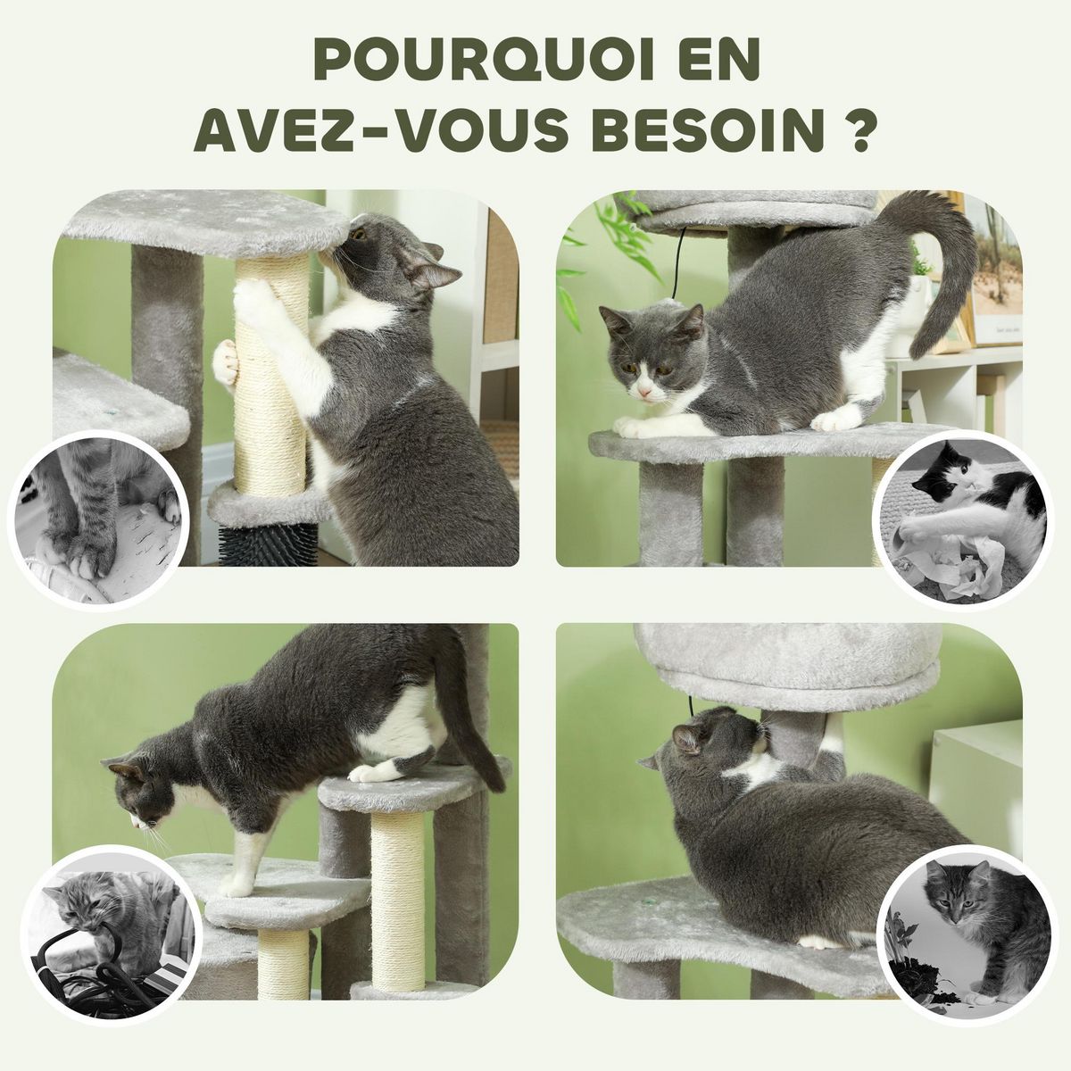 PAWHUT Arbre à chat H.87 cm 3 niv. - griffoirs, niche, bande massante, tour observation, boules - gris clair