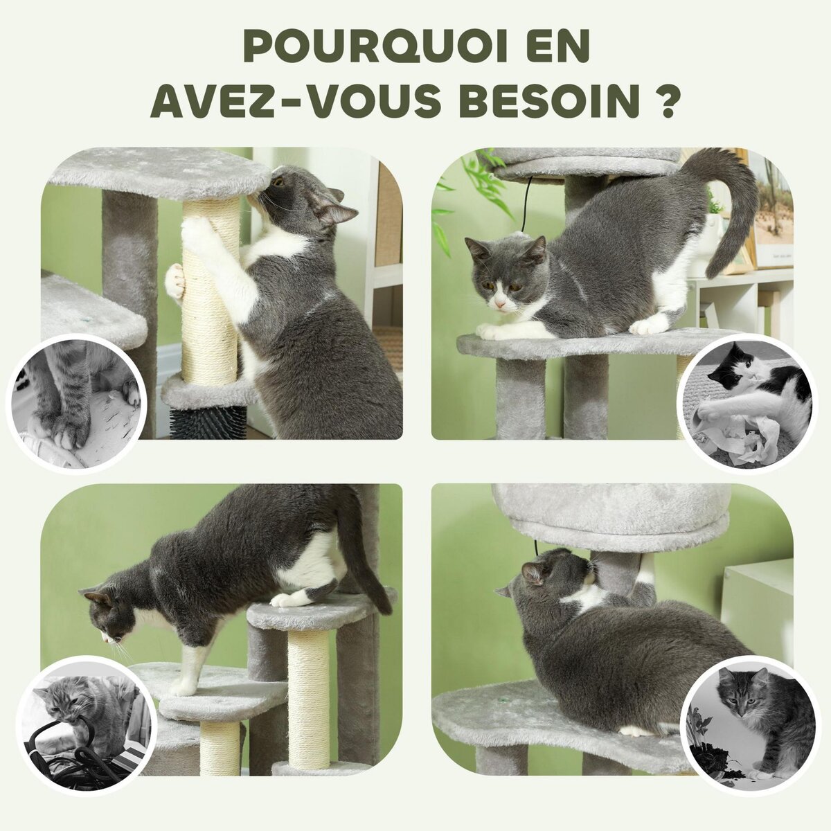 PAWHUT Arbre à chat H.87 cm 3 niv. - griffoirs, niche, bande massante, tour observation, boules - gris clair