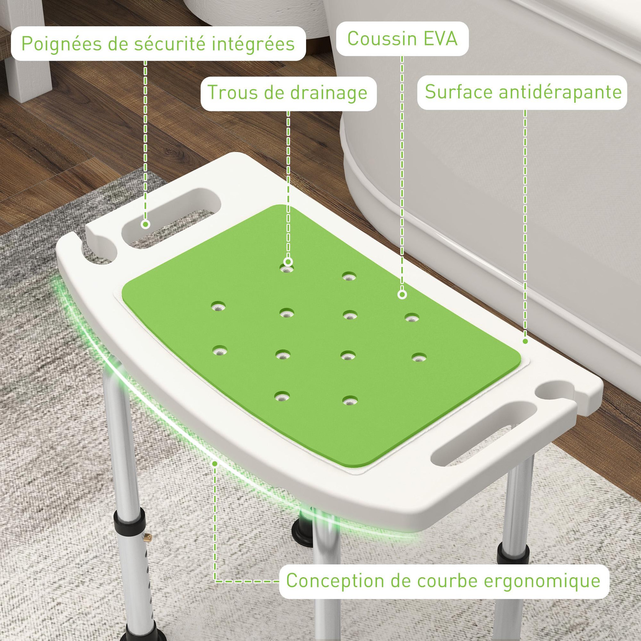 Voir la diapositive 6 : HOMCOM Siège de douche réglable en hauteur tabouret de douche ergonomique pieds antidérapants charge max. 135 kg alu hdpe blanc vert