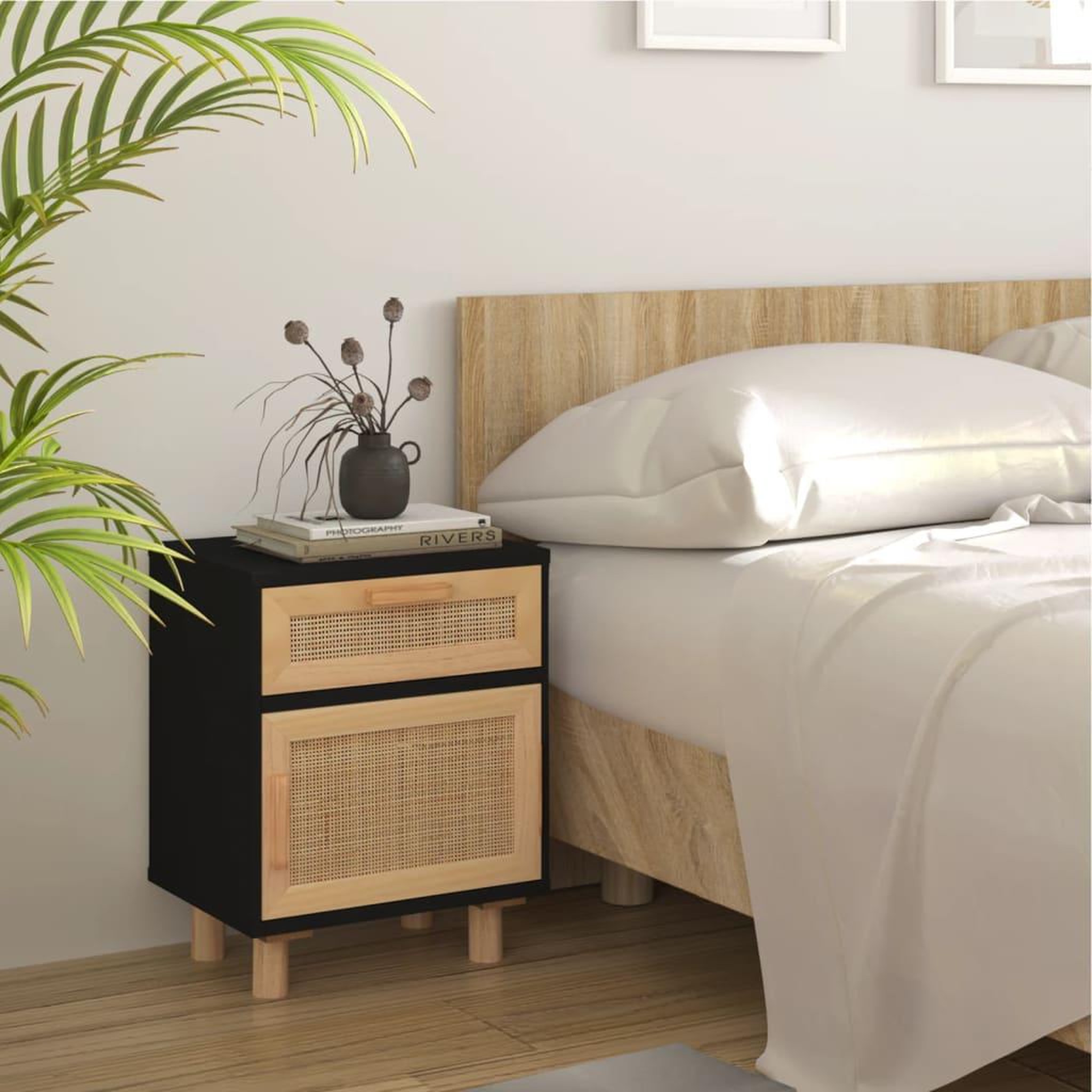 Voir la diapositive 3 : VIDAXL Tables de chevet 2 pcs Noir Bois de pin massif et rotin naturel