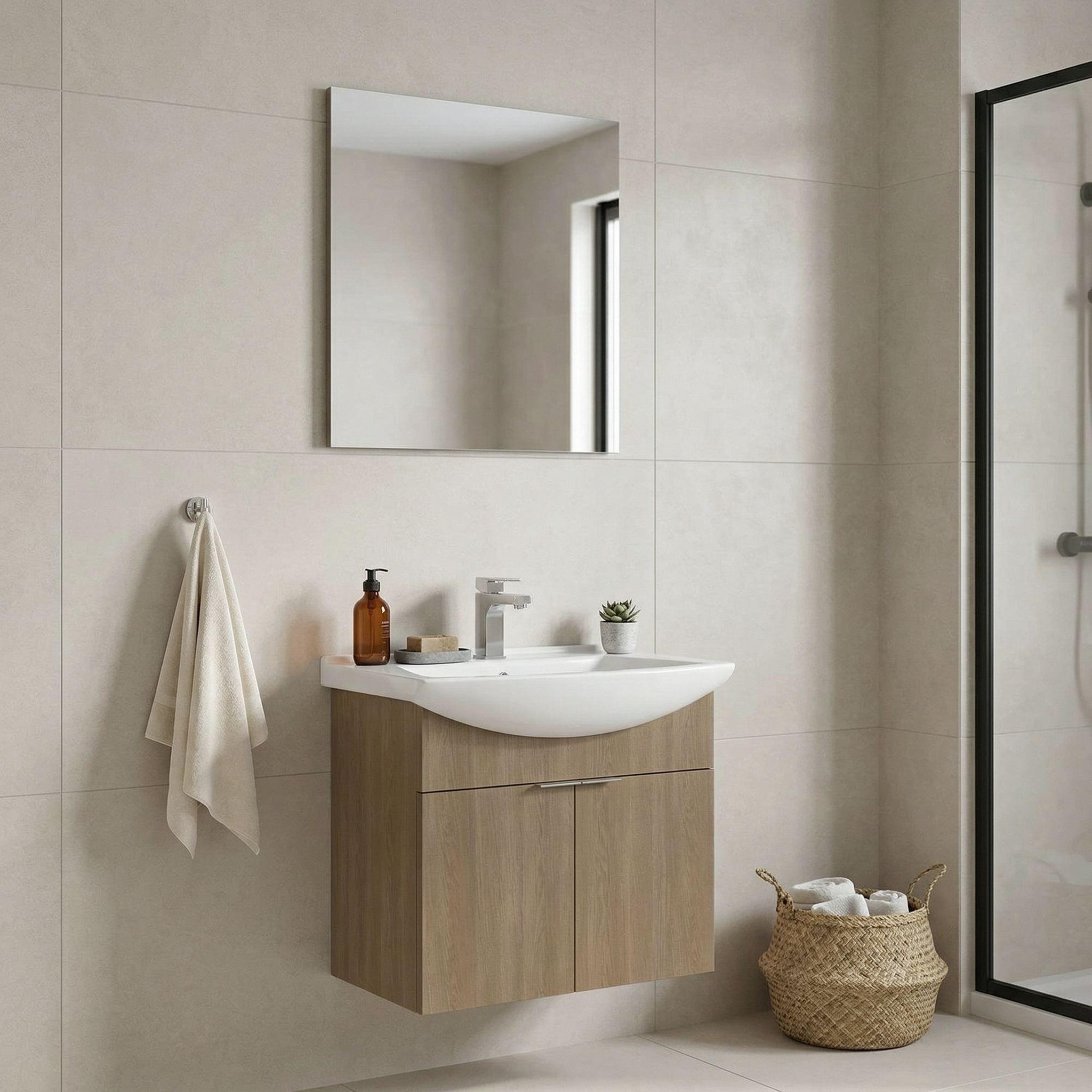 Voir la diapositive 2 : Habitat et Jardin Meuble avec simple vasque et miroir  Purus 65  - 65 x 50 x 58 cm - Oak