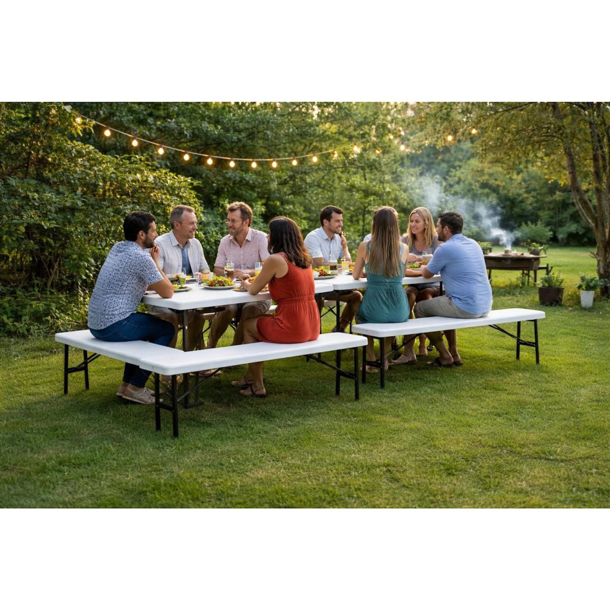 KZ GARDEN Banc de Jardin Pliable Blanc 180 x 28 x 43.5H cm Banc Exterieur Interieur Camping Réception KZ GARDEN