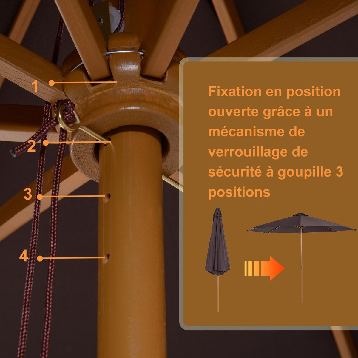 OUTSUNNY Outsunny Parasol rond grande taille diamètre 3 m bois polyester haute densité chocolat