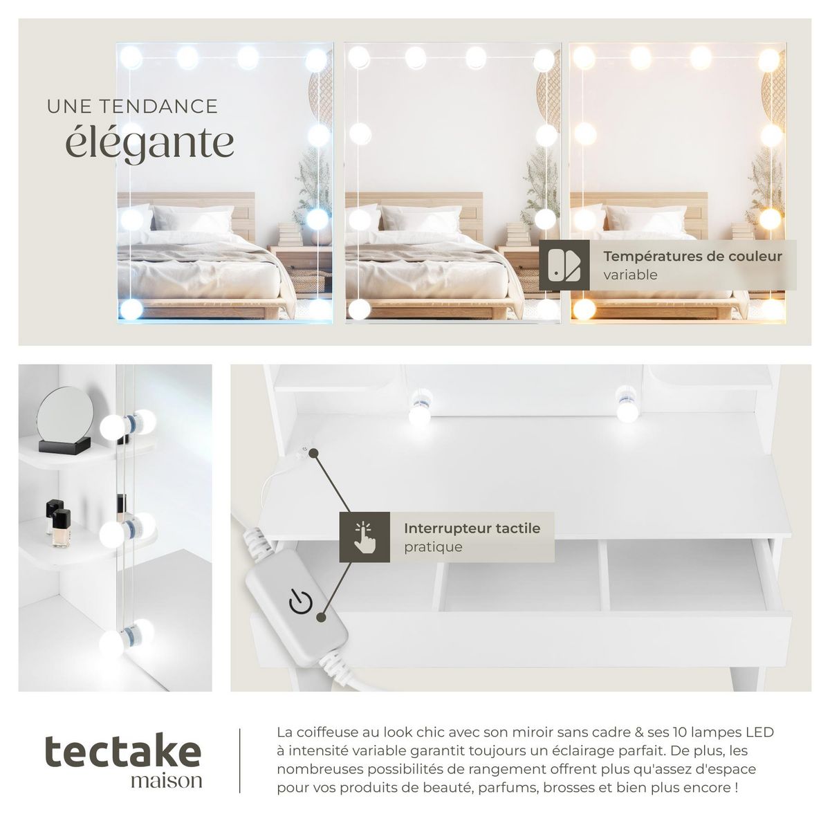 tectake Coiffeuse avec miroir style hollywoodien blanc