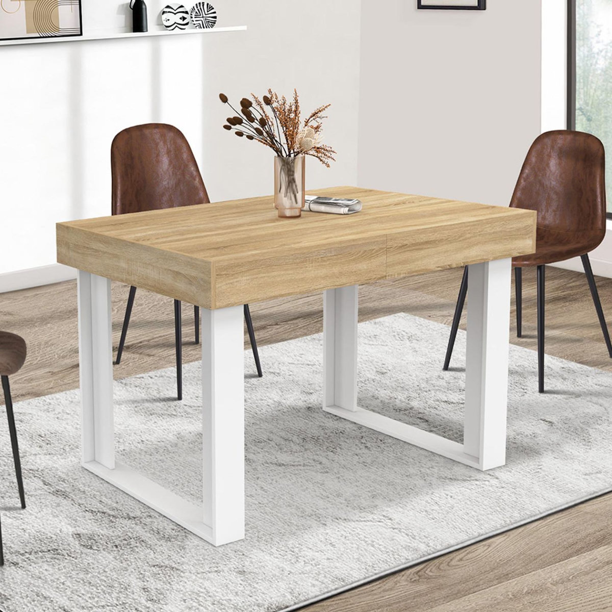 ID MARKET Table à manger extensible rectangle PHOENIX 4-6 personnes bois et blanc 120-160 cm
