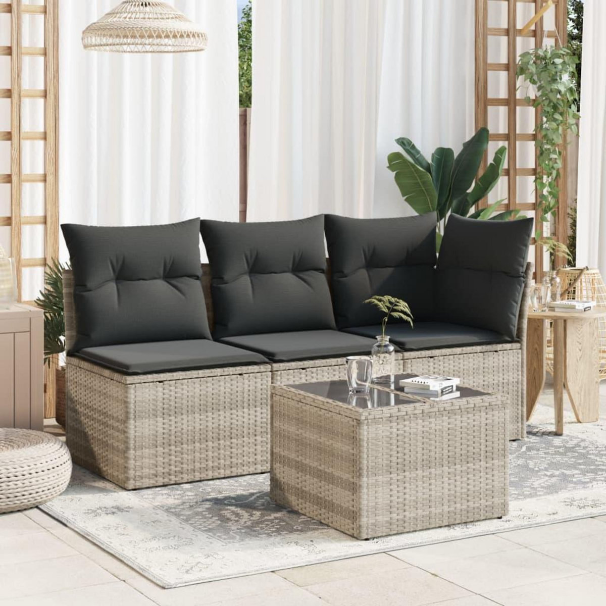 VIDAXL Table de jardin avec dessus en verre gris clair resine tressee