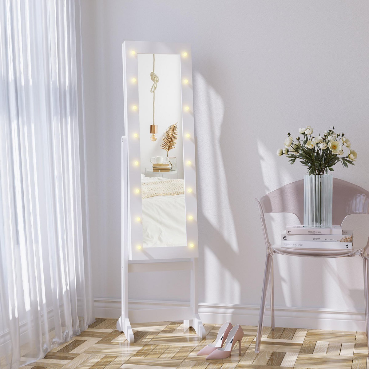 HOMCOM Armoire à bijoux armoire de rangement sur pied boîte à bijoux avec miroir multi-rangement éclairage LED blanc