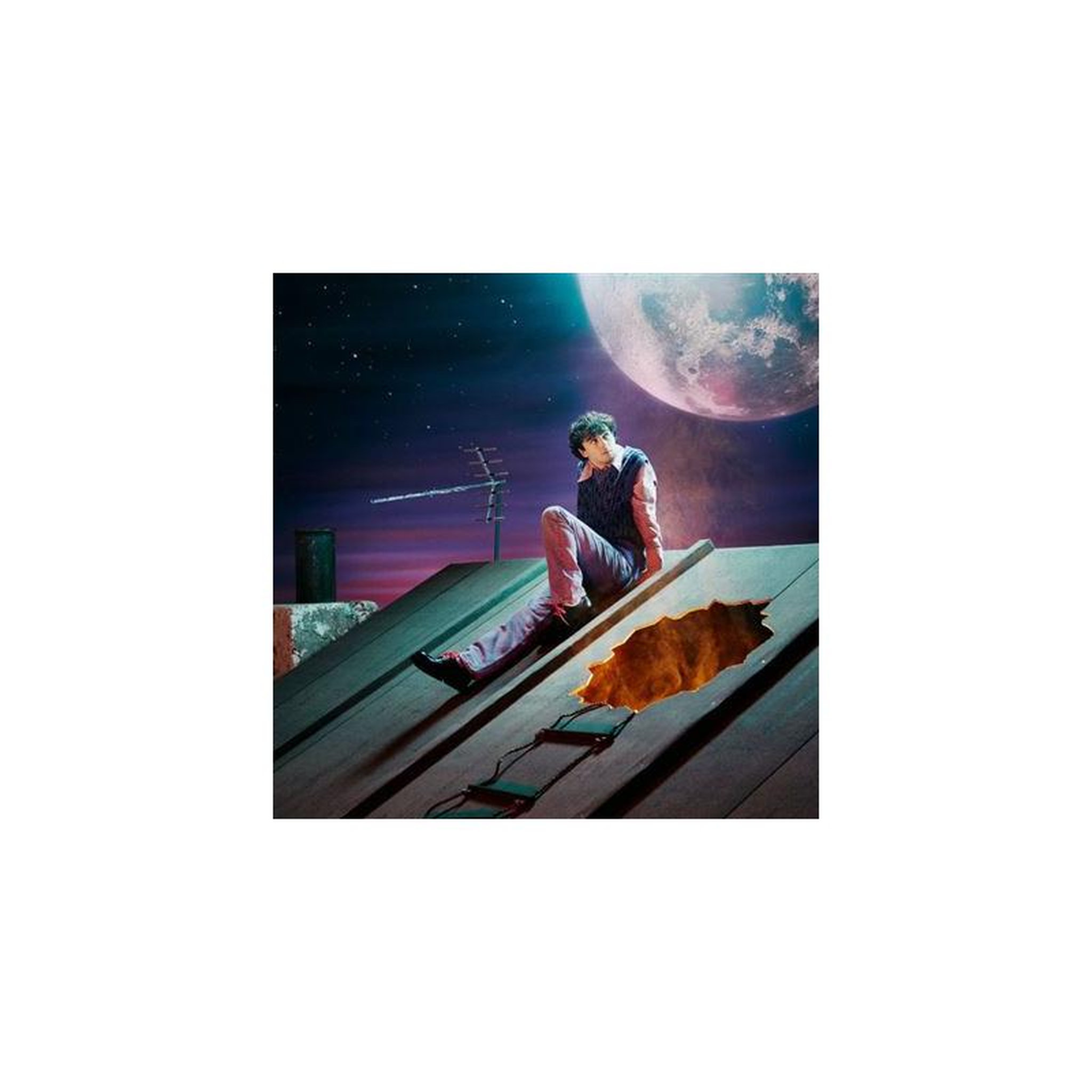 Affiche carrée imprimée scène de science-fiction nocturne sur un toit avec grande lune
