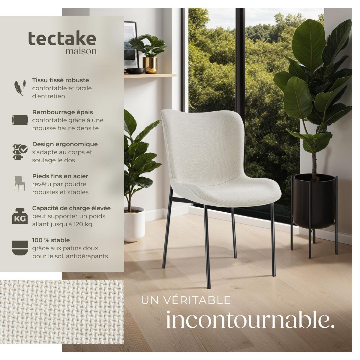 tectake Chaise rembourrée forme ergonomique avec dossier haut Tissu blanc cassé/noir Lot de 2