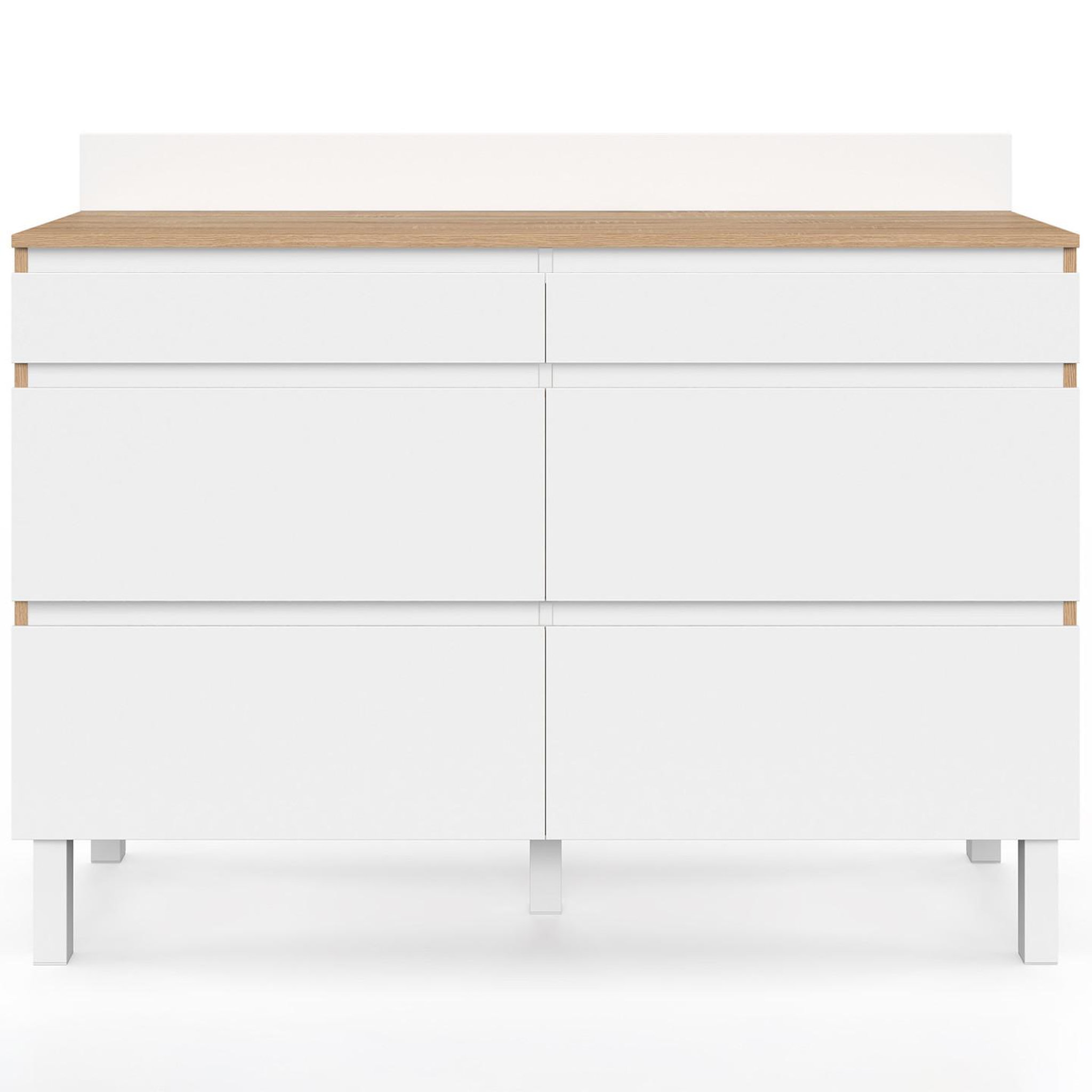 Voir la diapositive 4 : ID MARKET Buffet bas double casserolier de cuisine 120 cm claude plan de travail h. 83 cm 6 tiroirs bois et blanc