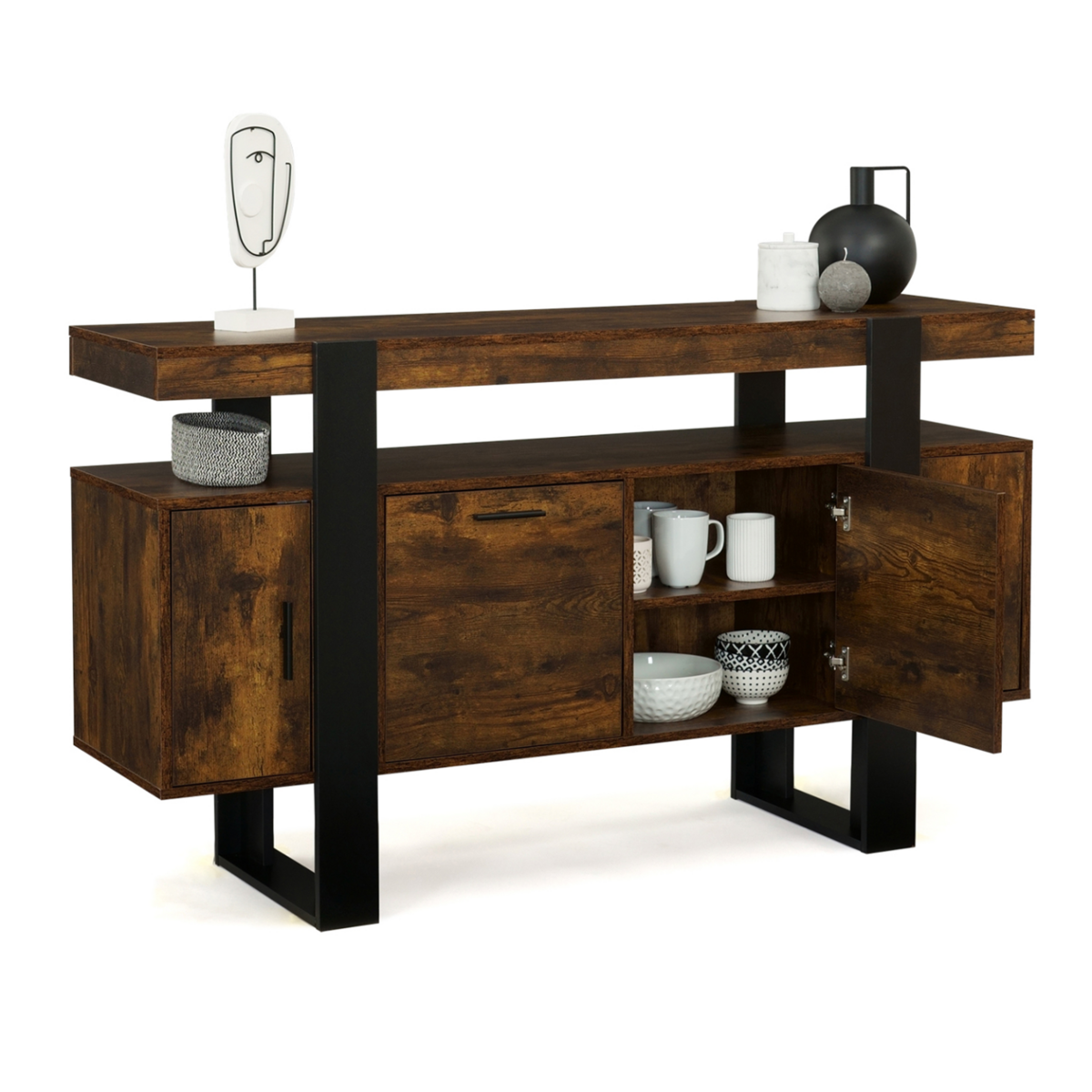 ID MARKET Buffet 140 cm PHOENIX 4 portes bois effet vieilli et noir