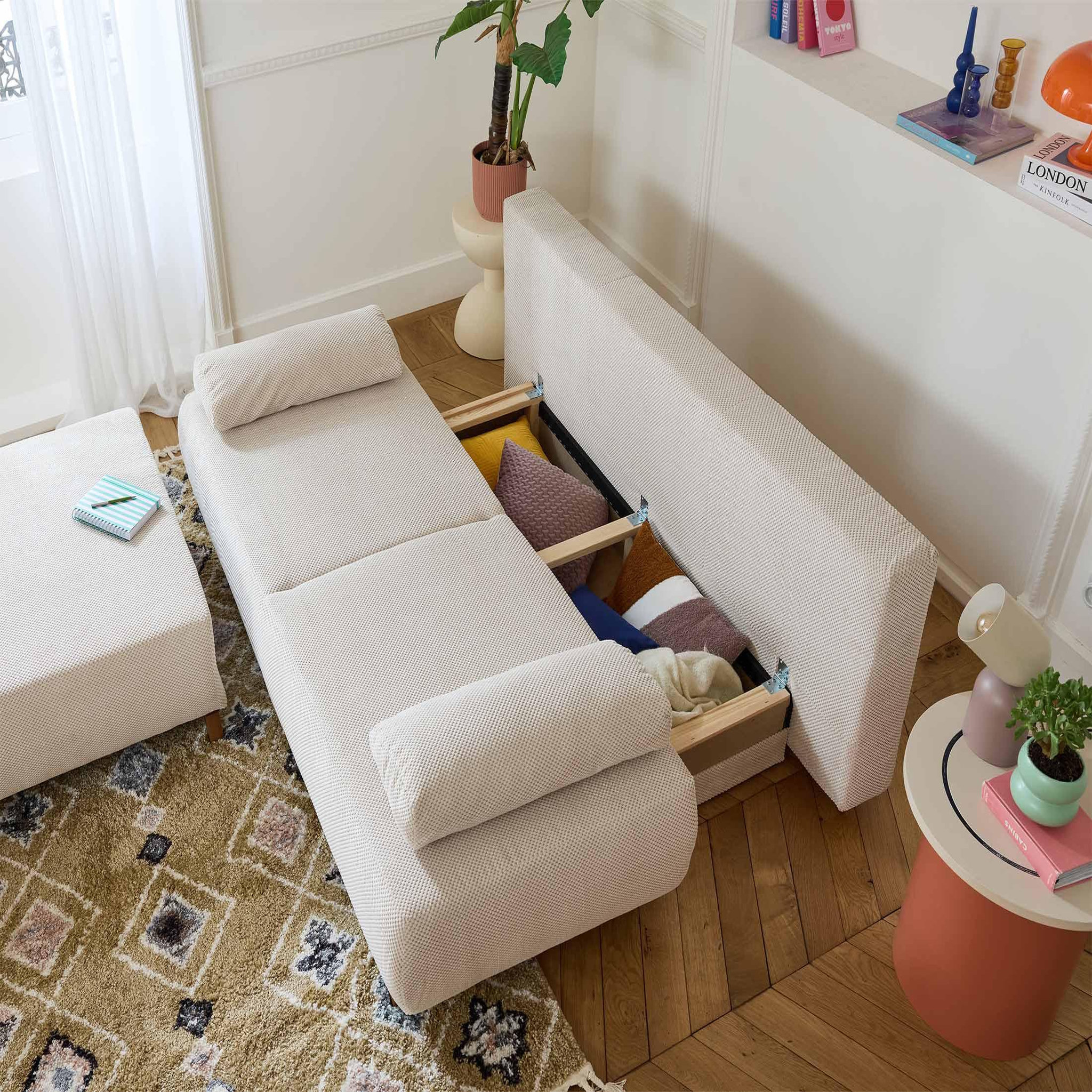 Voir la diapositive 3 : BEST MOBILIER Cristal - canapé 3 places - convertible avec coffre et grand pouf - en velours texturé