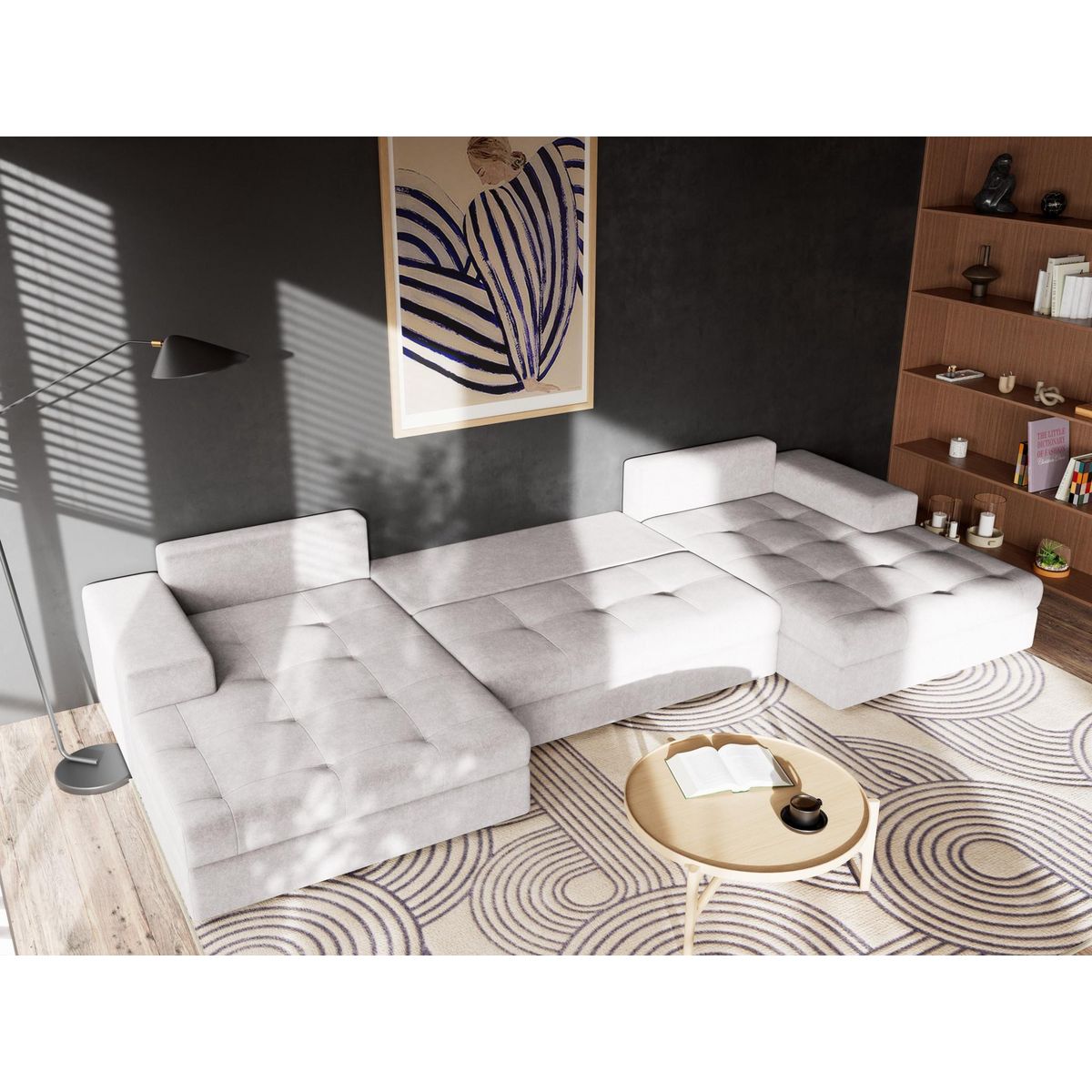 BEST MOBILIER Bastian - canapé panoramique en u 7 places convertible avec coffre en velours texturé