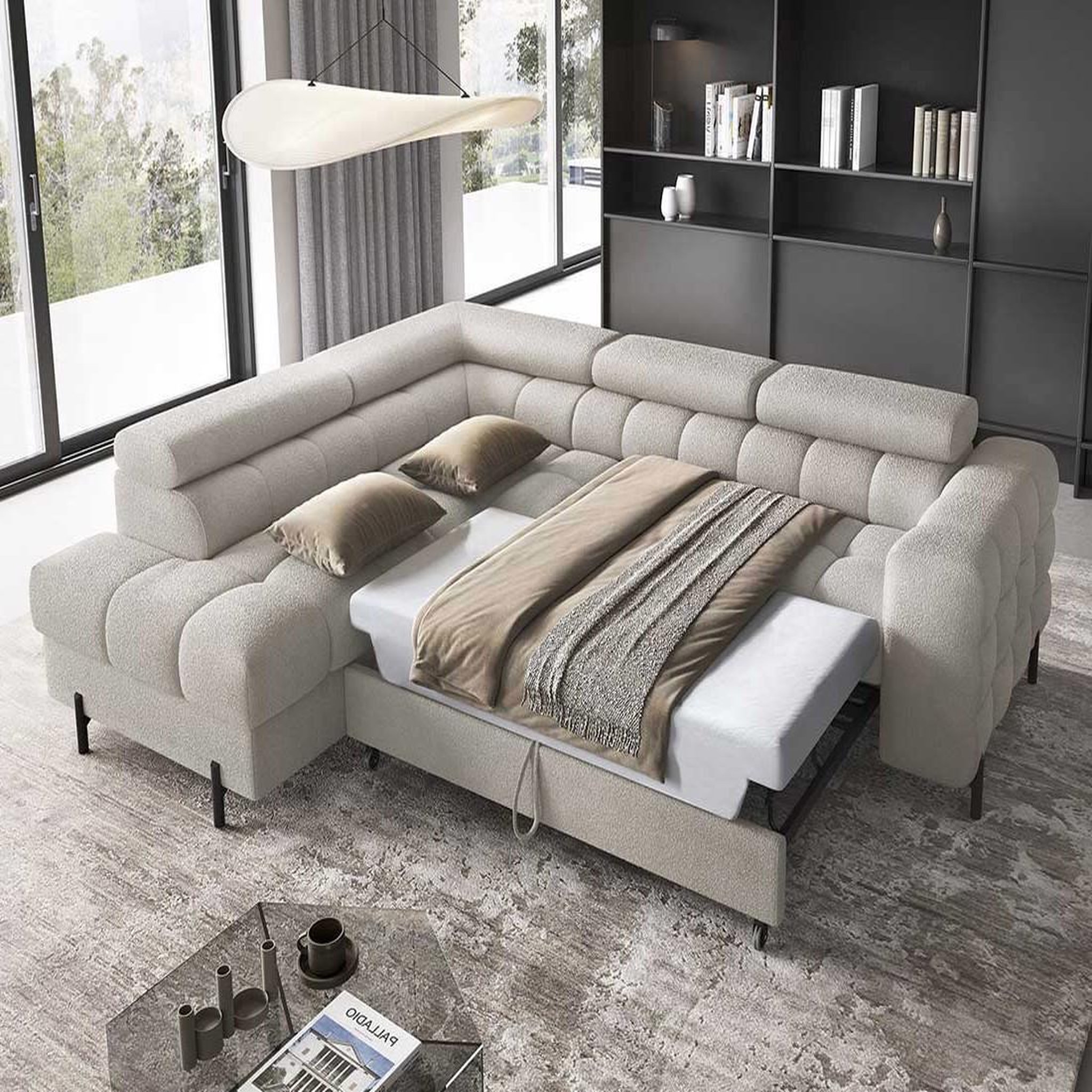 Voir la diapositive 2 : BEST MOBILIER Elisa - canapé d'angle gauche 5 places convertible avec coffre et têtières réglables en tissu bouclette