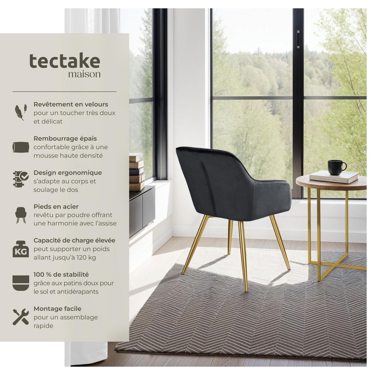 tectake Chaise rembourrée aspect velours noir/or Lot de 2