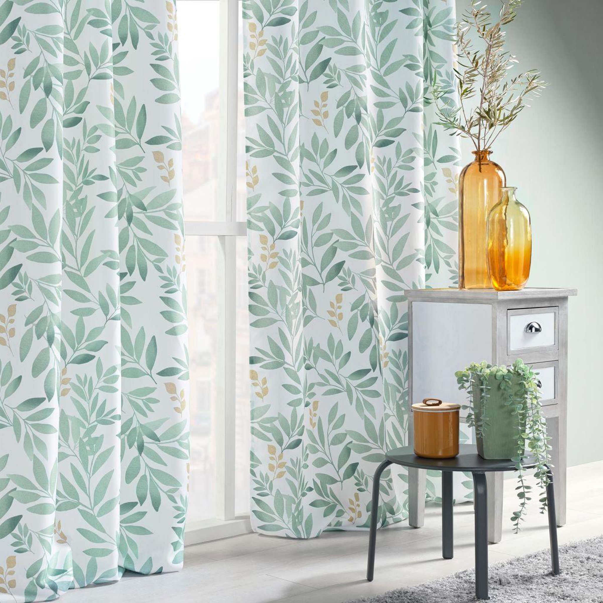 Voir la diapositive 4 : Douceur d'Intérieur Rideau à œillets imprimé  biovana  140x260cm vert & blanc