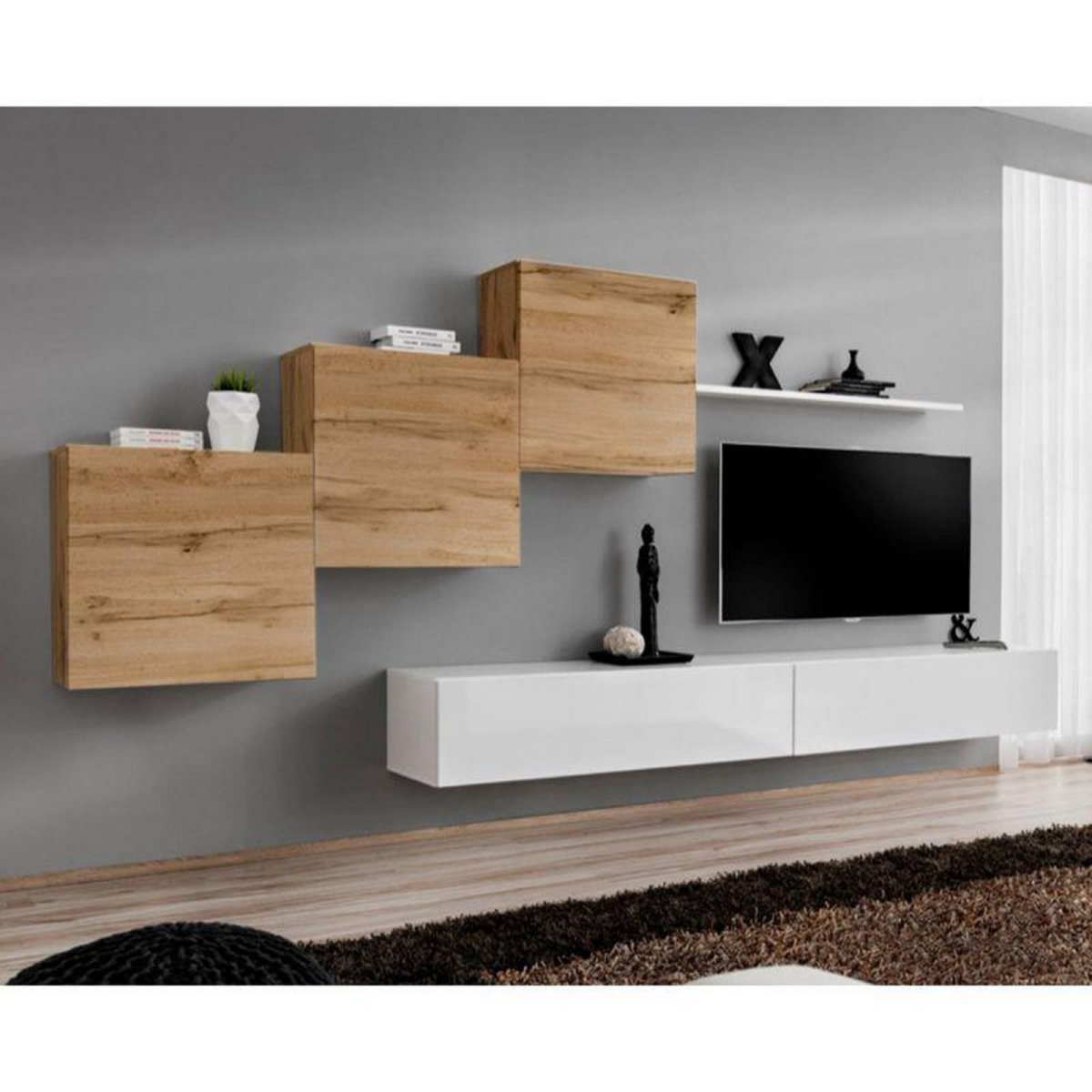 Paris Prix Meuble TV Mural Design  Switch X  330cm Naturel & Blanc