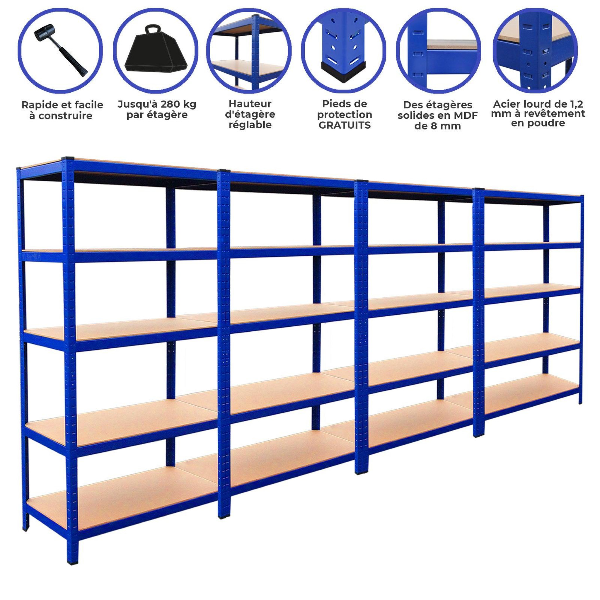 Voir la diapositive 2 : MONSTER RACKING Lot de 4 rayonnages t-rax en acier bleu 90cm x 45cm x 180cm, maillet & connecteurs de baies