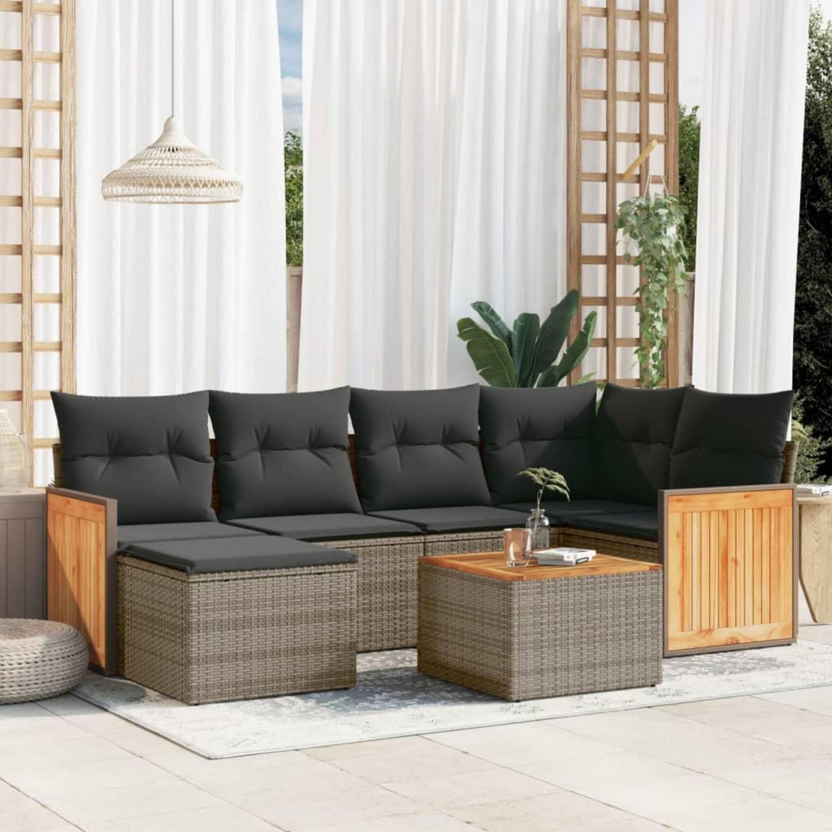 VIDAXL Salon de jardin avec coussins 7 pcs gris resine tressee