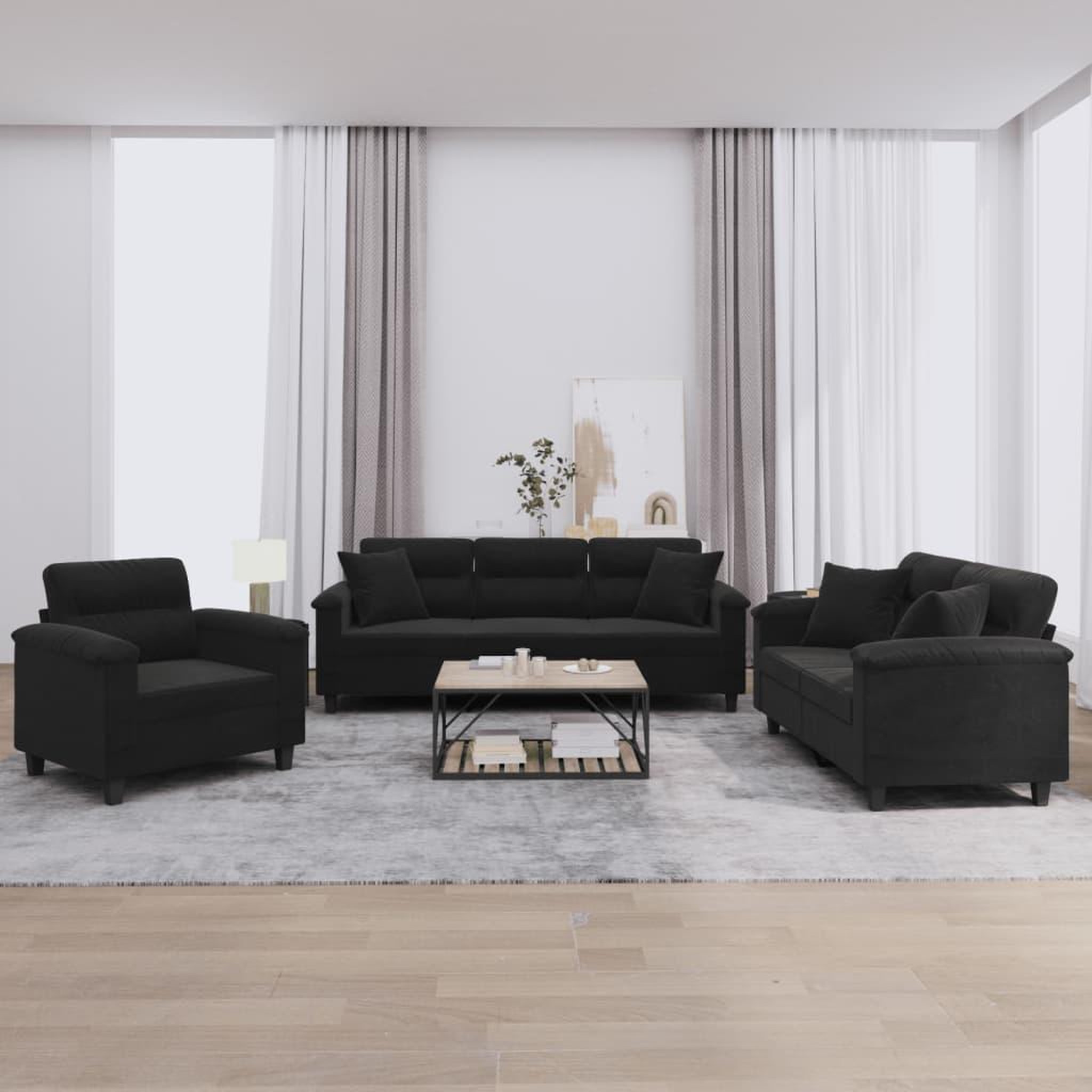 VIDAXL Ensemble de canapes 3 pcs avec coussins Noir Tissu microfibre