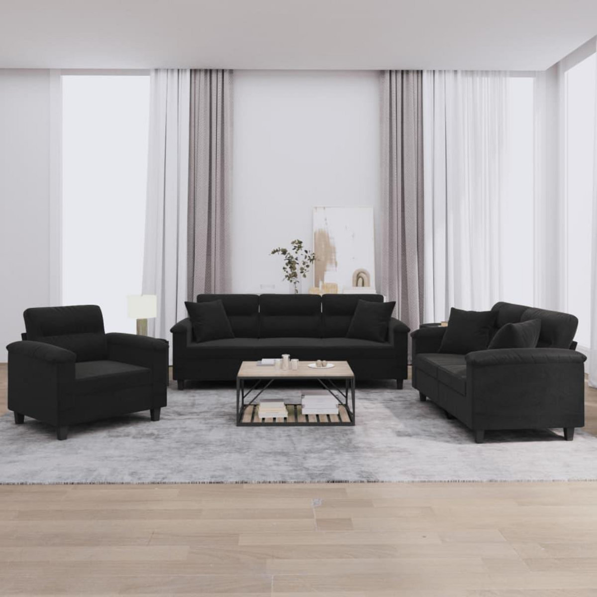 VIDAXL Ensemble de canapes 3 pcs avec coussins Noir Tissu microfibre
