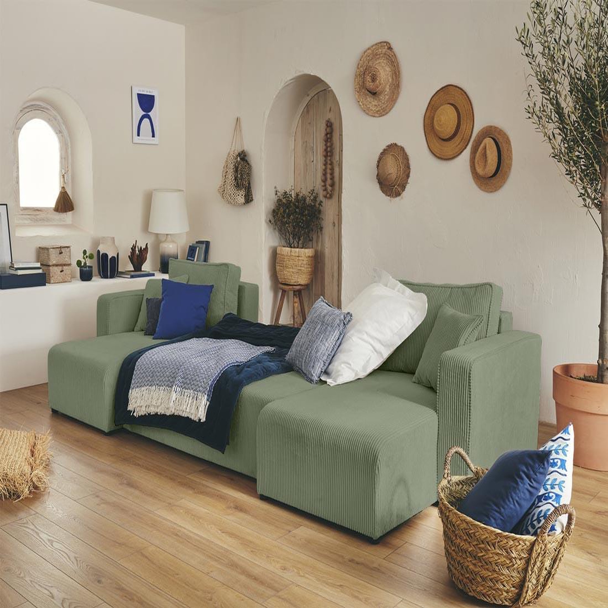 Voir la diapositive 2 : BEST MOBILIER Topaze - canapé panoramique en u - 7 places - convertible avec coffre - en velours côtelé