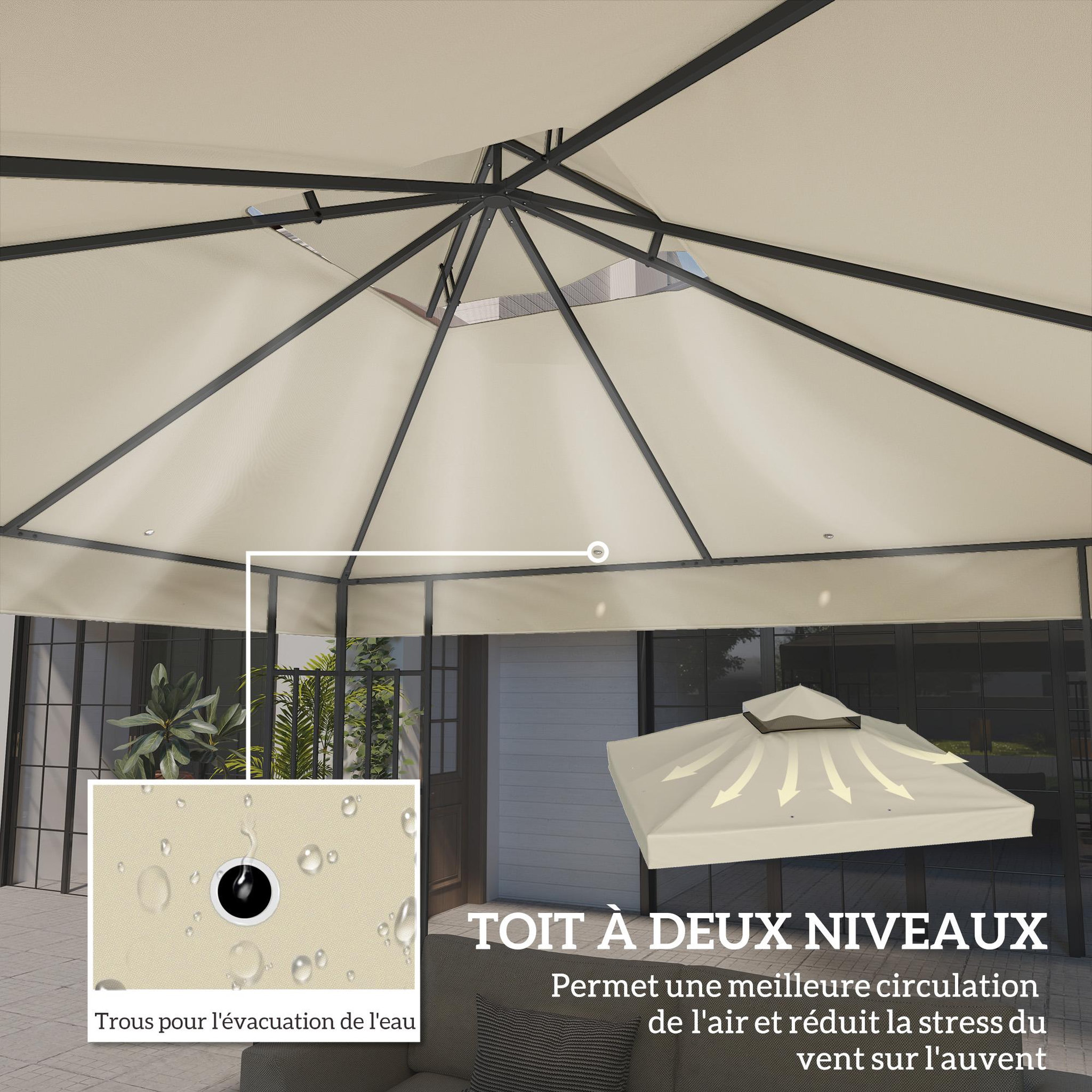 Voir la diapositive 6 : OUTSUNNY Toile de rechange barnum tonnelle 3 x 3 m - toit double avec œillets drainage - polyester haute densité 370 g/m² beige