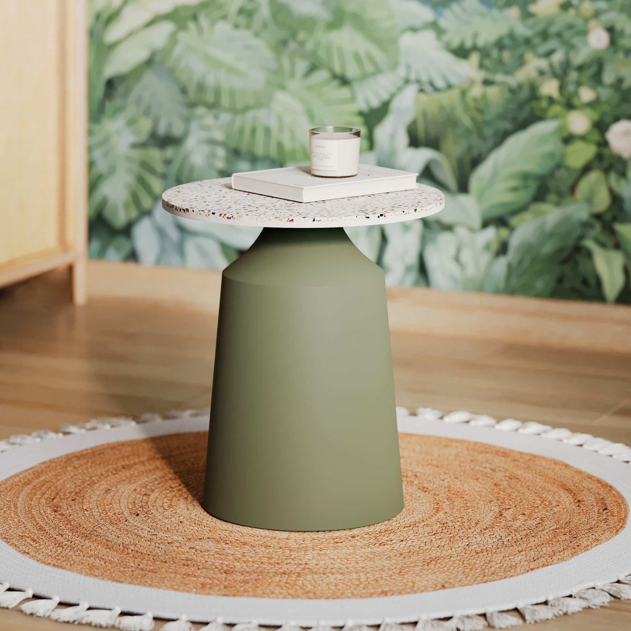 Voir la diapositive 2 : MAISON PAVANE Table d'appoint ronde en terrazzo et métal vert kaki D44 cm-Daphné