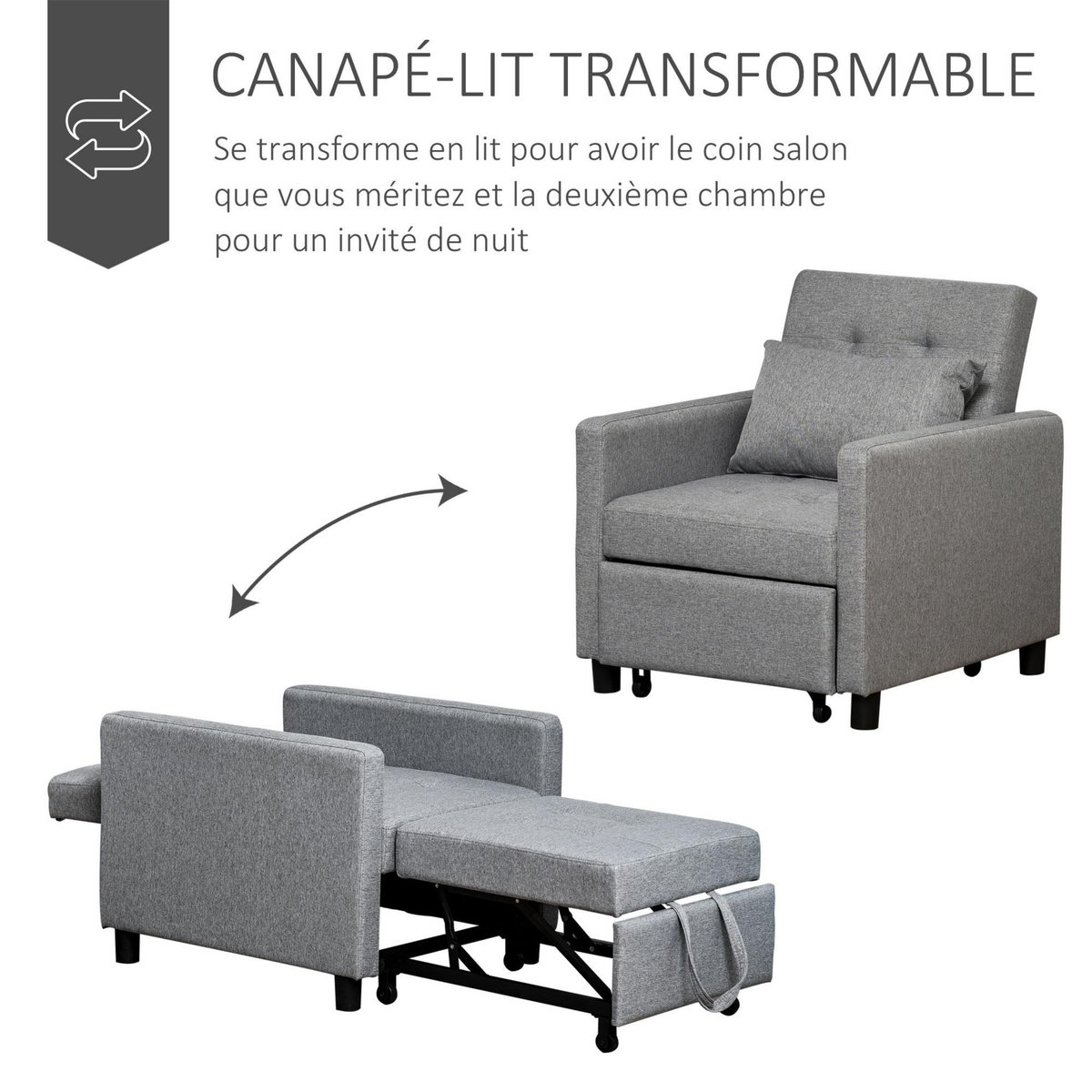HOMCOM Fauteuil chauffeuse canapé-lit convertible 1 place dossier inclinable 3 positions coussin inclus polyester coton gris