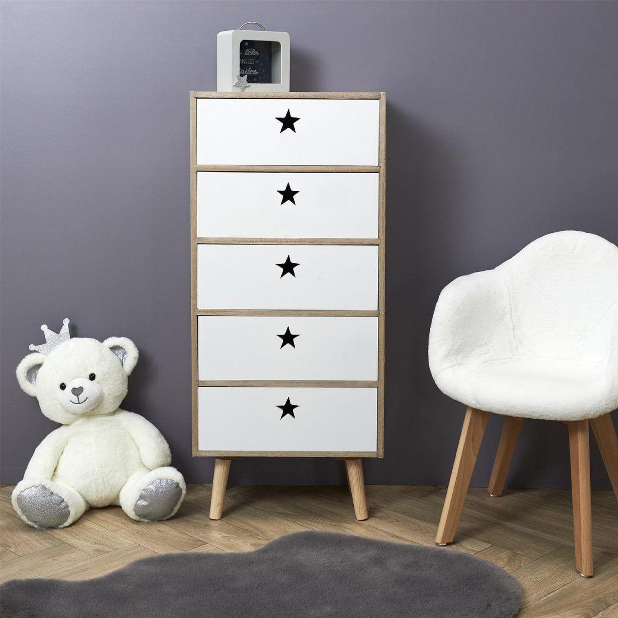 Voir la diapositive 6 : HOME DECO KIDS Chiffonnier enfant  star  91cm blanc & beige
