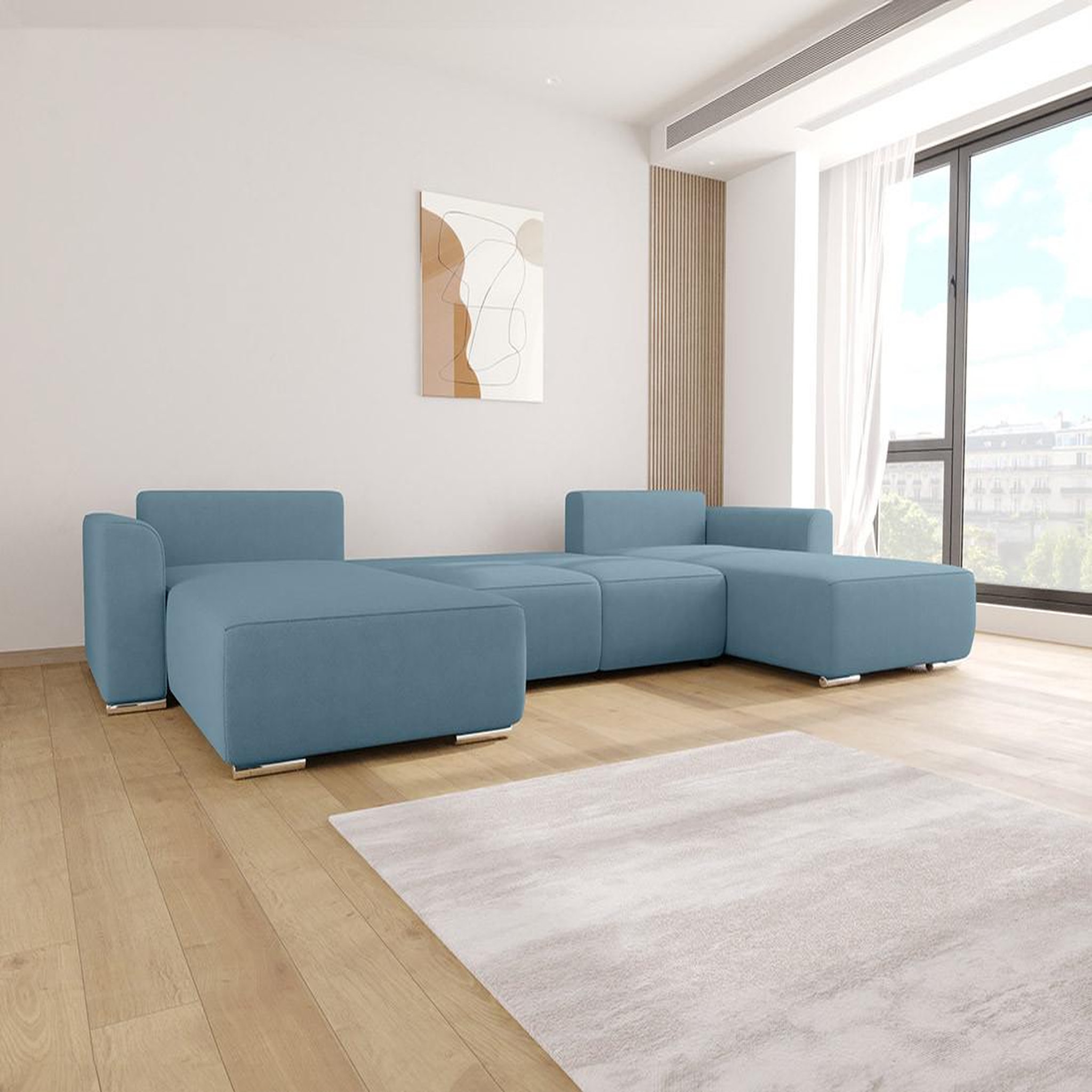 Voir la diapositive 3 : BEST MOBILIER Gabriel - canapé panoramique en u 7 places convertible avec coffre en tissu texturé