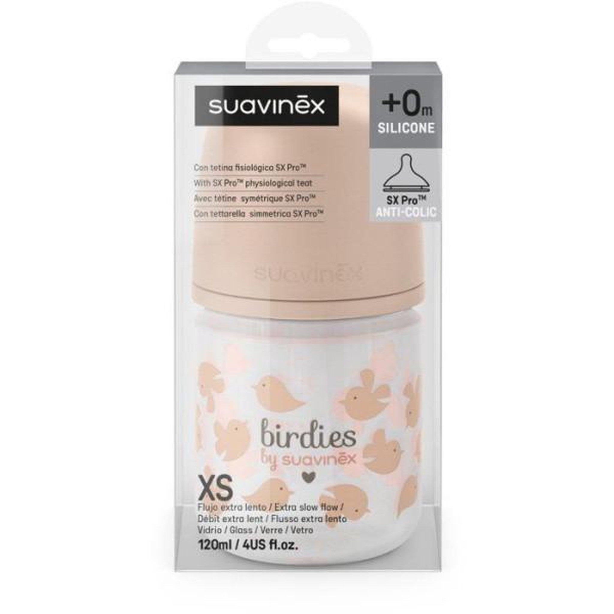 Voir la diapositive 3 : Suavinex Biberon verre - suavinex - birdies - tétine sx pro xs - 120 ml - 0 a 3 mois - rose