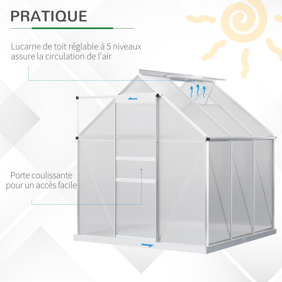 OUTSUNNY Serre de jardin aluminium polycarbonate 3,61 m² dim. 1,9L x 1,9l x 2H m lucarne réglable fondation porte coulissante