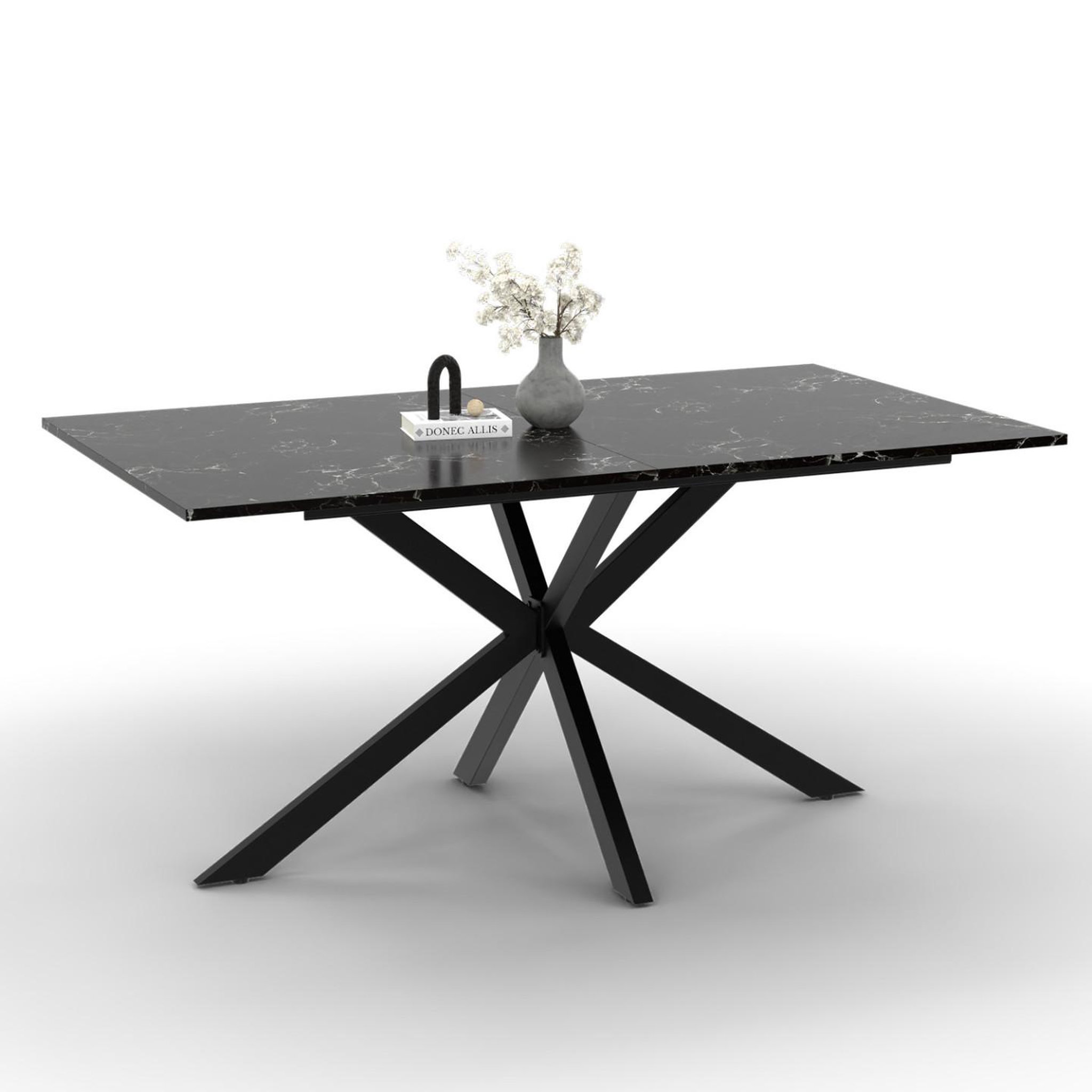 ID MARKET Table à manger rectangle alix 8 personnes pied araignée noir et plateau effet marbre noir alaska 160 cm