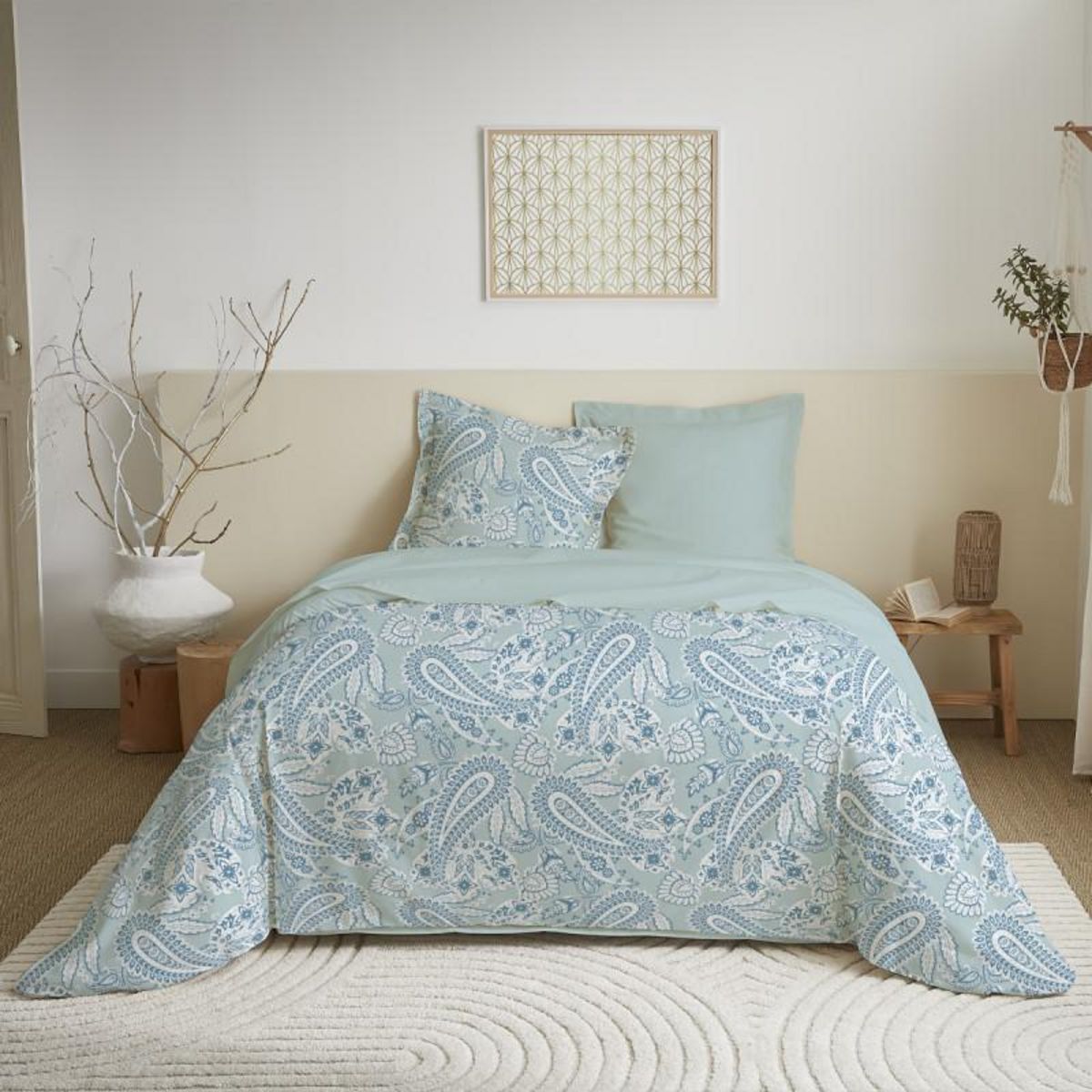 COTON PUR Parure de draps 4 pièces pour lit 140 x 190 cm Cachemire bleu