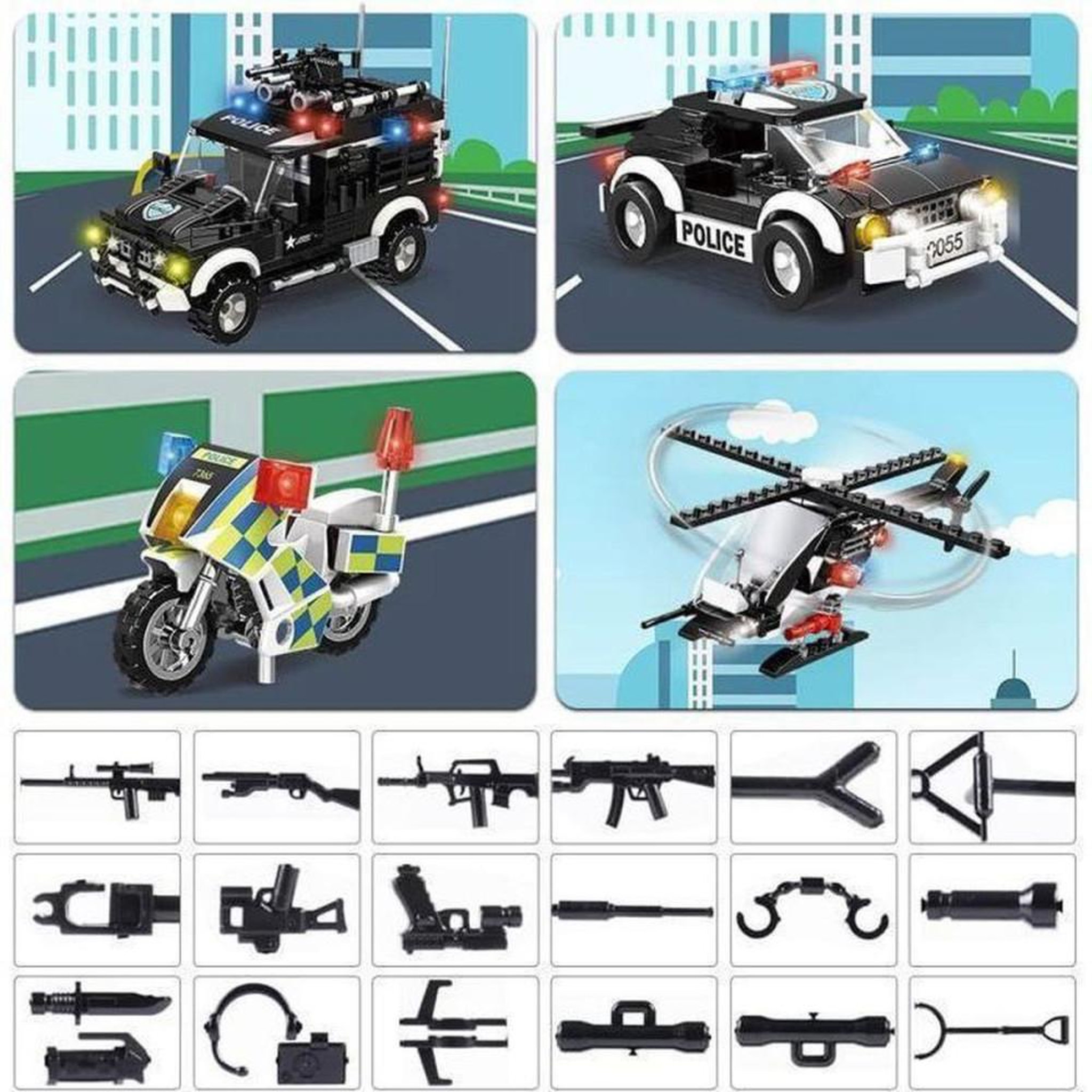 Voir la diapositive 6 : Coffret de construction Police Station 1261 pièces, station à deux étages, héliport, hélicoptère, voiture tout-terrain, moto, chien policier