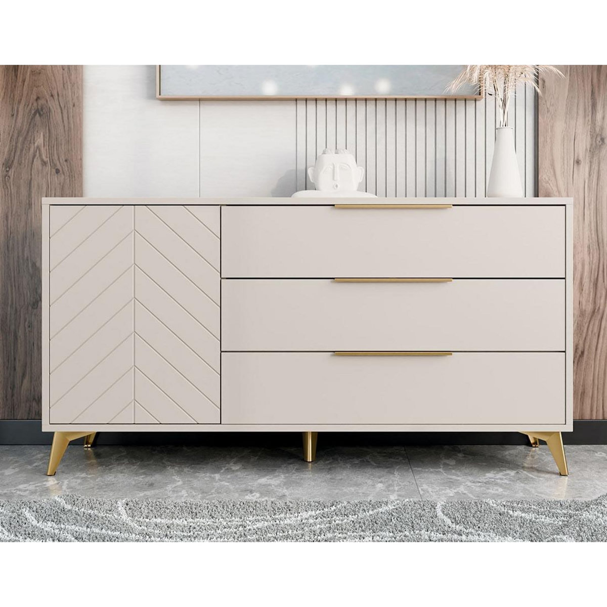 BEST MOBILIER Boccioni - buffet bas - beige - 3 tiroirs et 1 porte - 154 cm