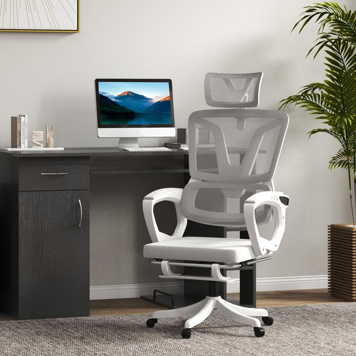 VINSETTO Fauteuil de bureau ergonomique inclinable réglable - repose-pied rétractable, support lombaires, tétière ajustable - blanc gris