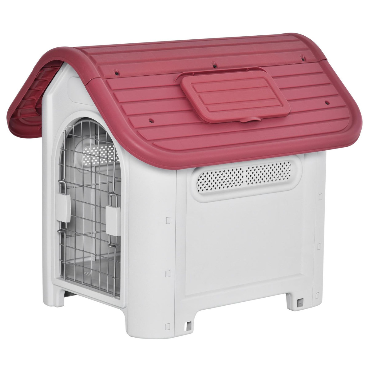 PAWHUT Niche pour chien plastique porte métal verrouillable aérations lucarne - 59 x 75 x 66 cm - gris clair rouge