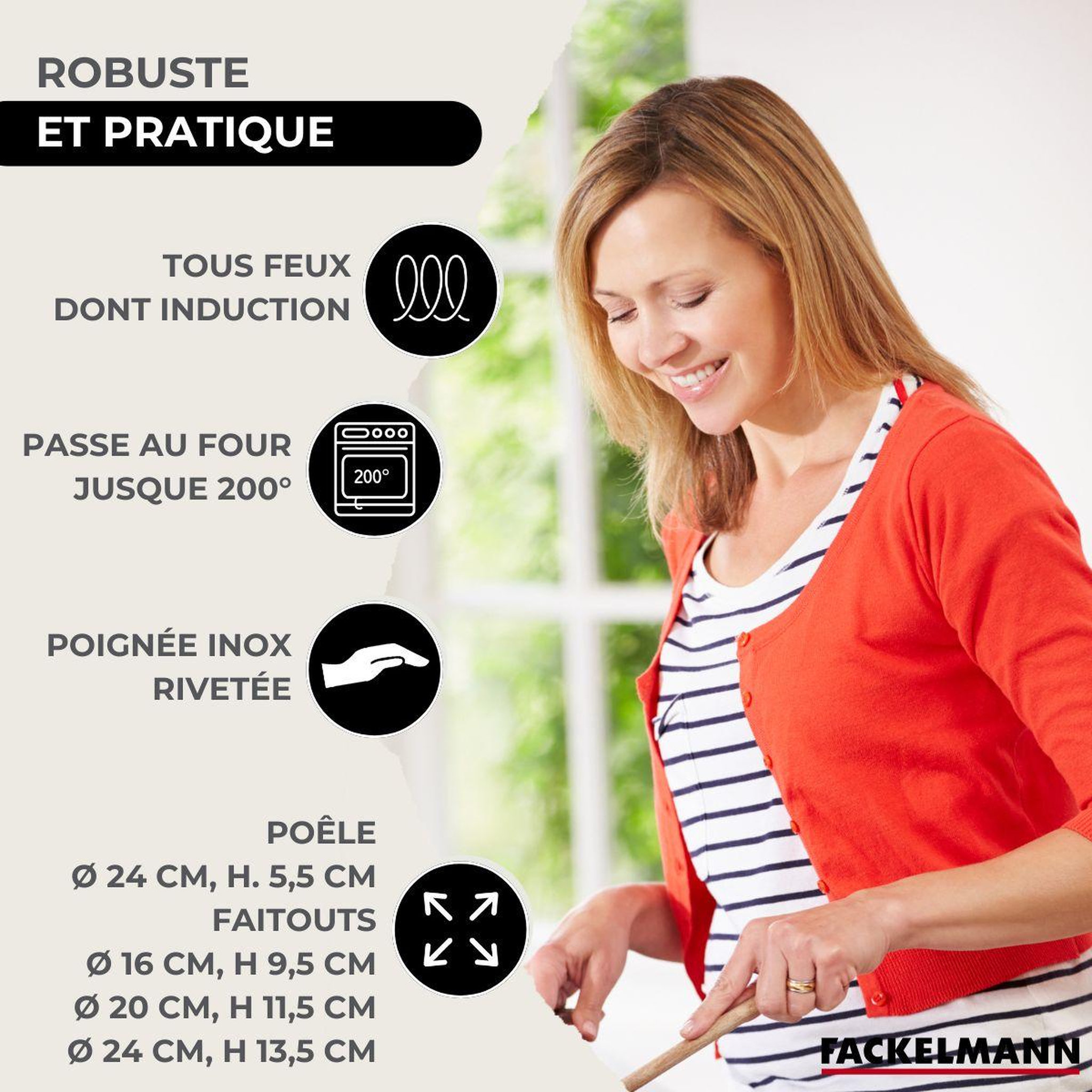 Voir la diapositive 3 : Fackelmann Batterie de cuisine avec 1 poêle 24 cm et 3 faitouts 16/20/24 cm et 6 ustensiles de cuisine sans pfas fackelmann etherna brillant fenix